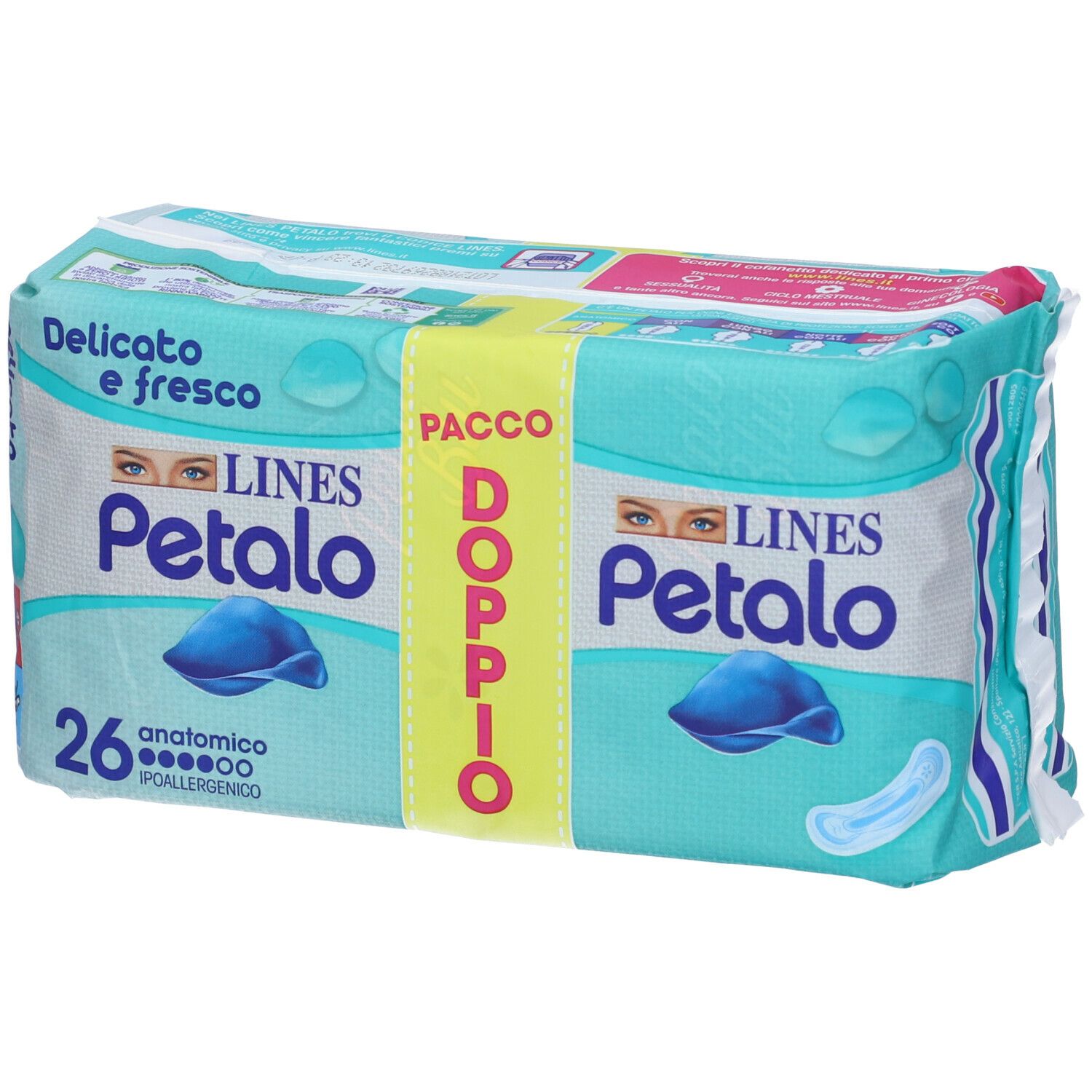 Confezione LINES Petalo, 'Delicato e fresco', 'Pacco Doppio'. 26 assorbenti anatomici. Vista obliqua.