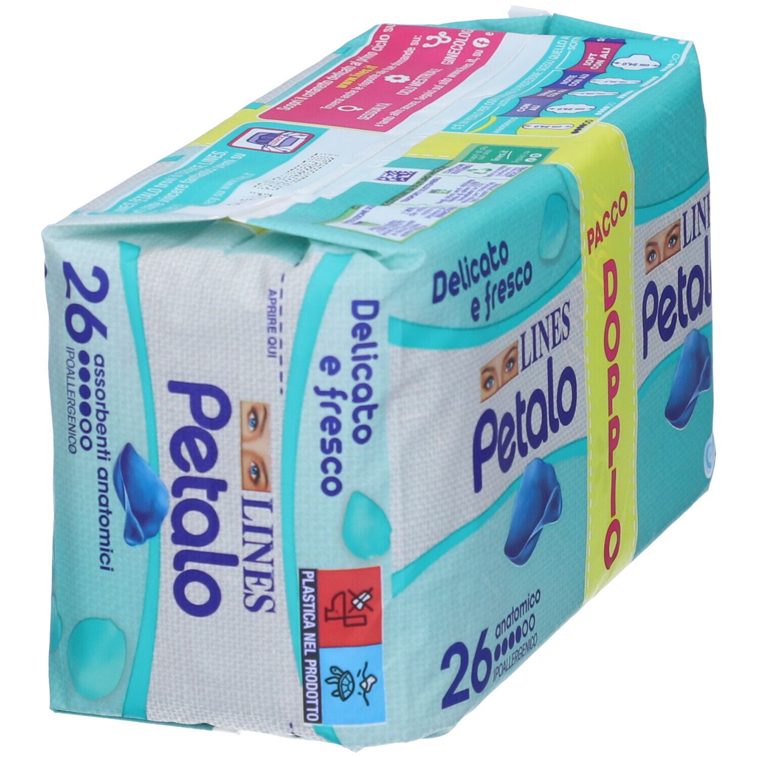 Confezione LINES Petalo, 'Delicato e fresco', 'Pacco Doppio'. 26 assorbenti anatomici. Vista obliqua.