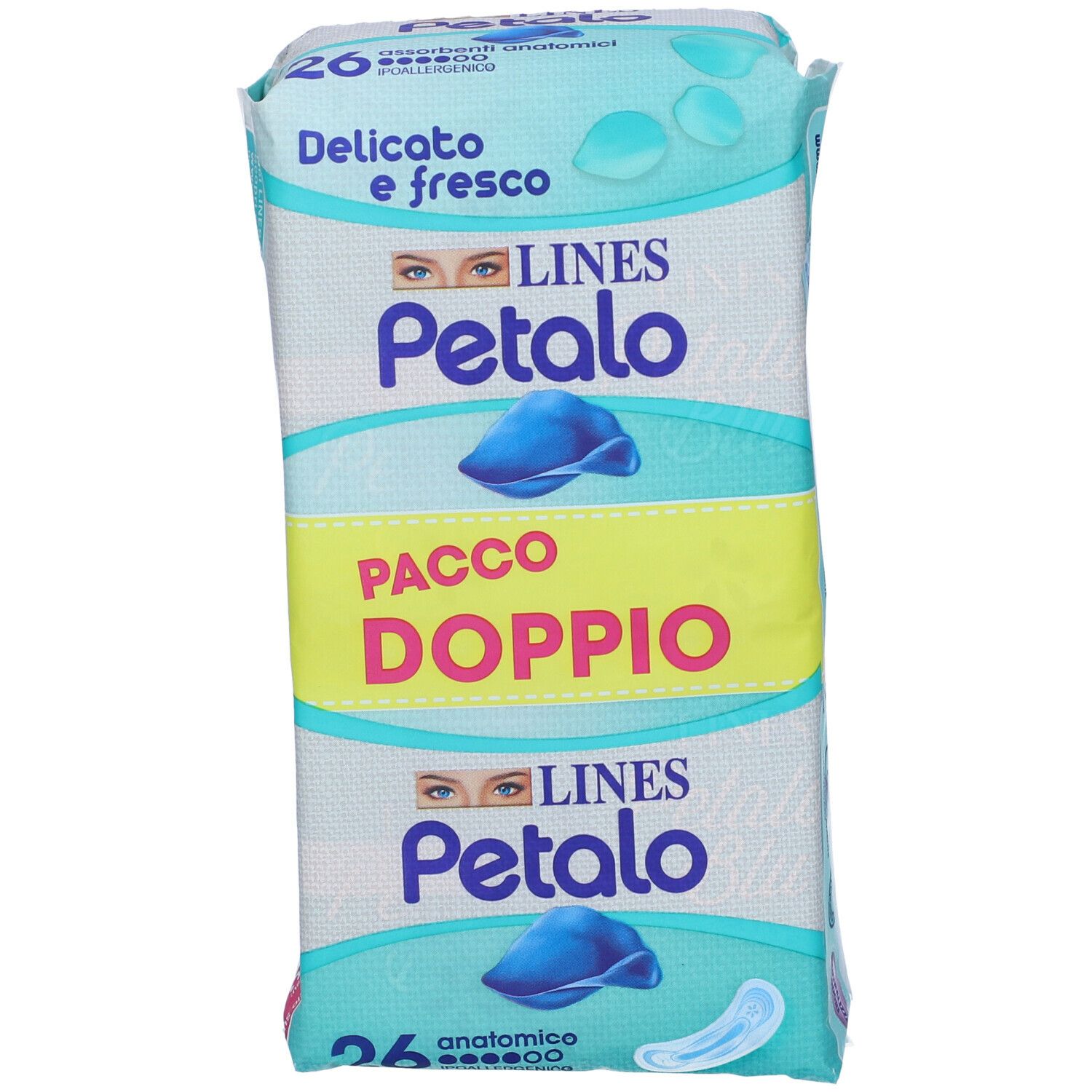 Confezione LINES Petalo, 'Delicato e fresco', 'Pacco Doppio'. 26 assorbenti anatomici. Vista obliqua.