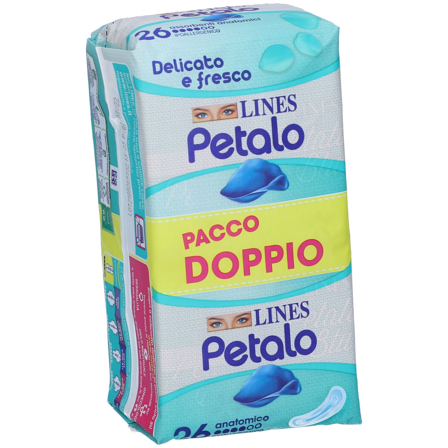 Confezione LINES Petalo, 'Delicato e fresco', 'Pacco Doppio'. 26 assorbenti anatomici. Vista obliqua.
