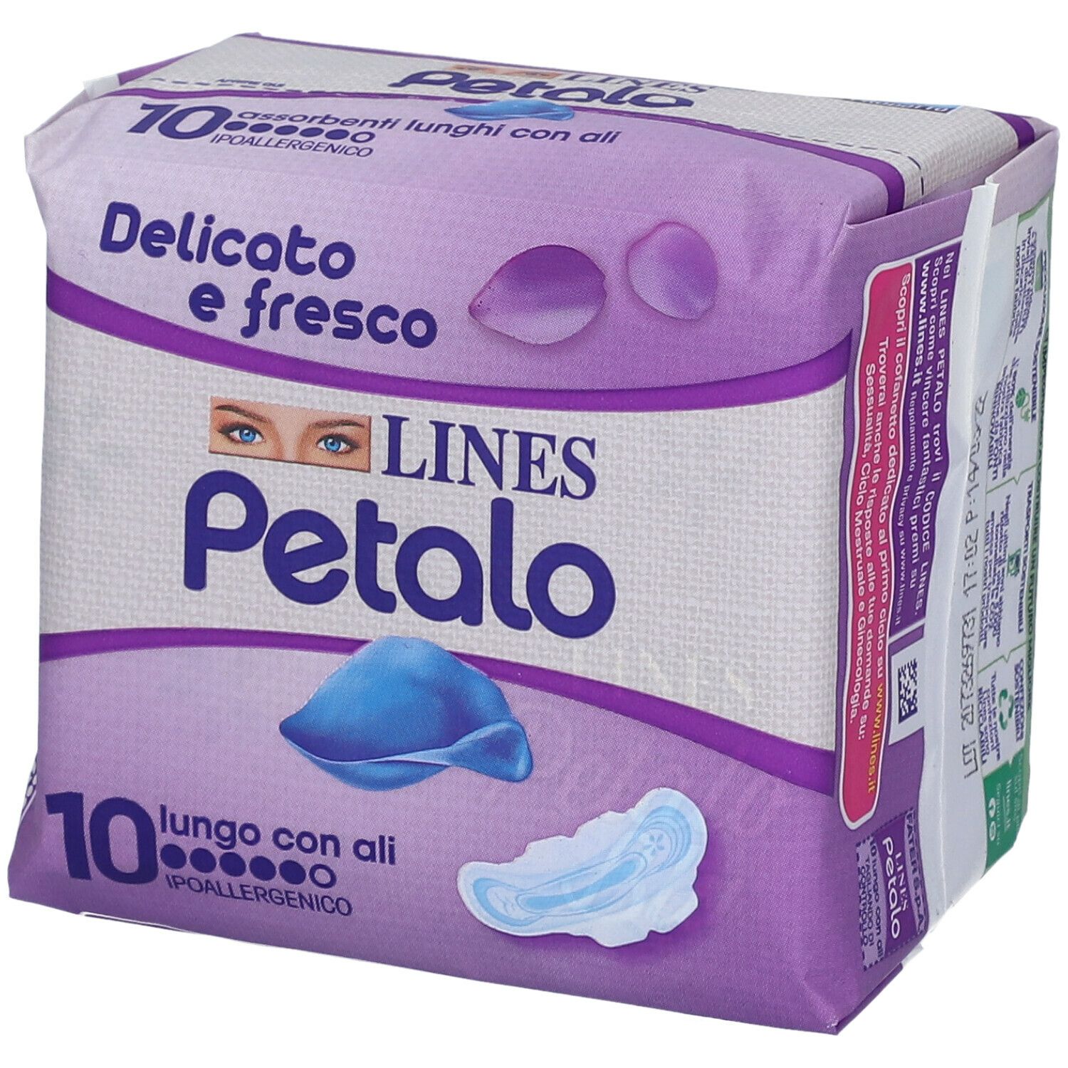 Confezione di 10 assorbenti con ali. Scritta: Delicato e fresco, LINES Petalo. Confezione viola e bianca.