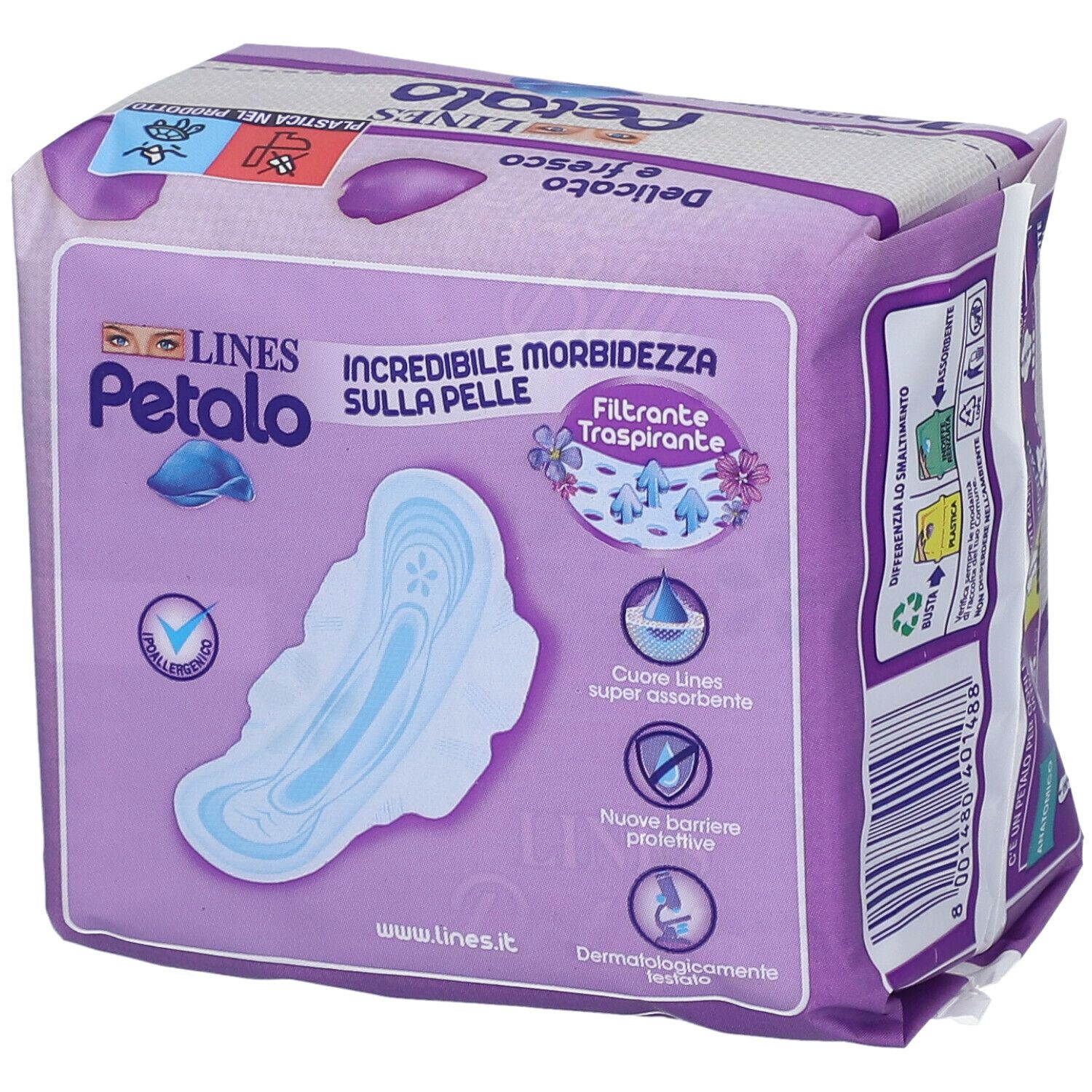 Confezione di 10 assorbenti con ali. Scritta: LINES Petalo. Confezione mostra caratteristiche del prodotto e certificazioni.
