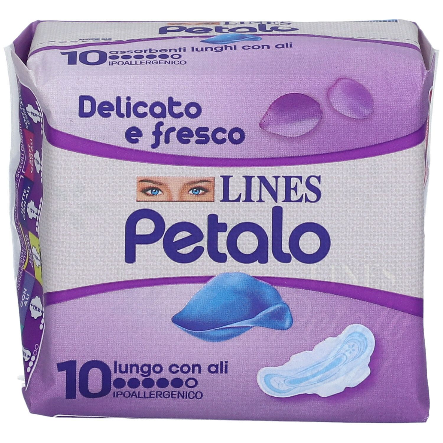 Confezione di 10 assorbenti con ali. Scritta: Delicato e fresco, LINES Petalo. Confezione viola e bianca.