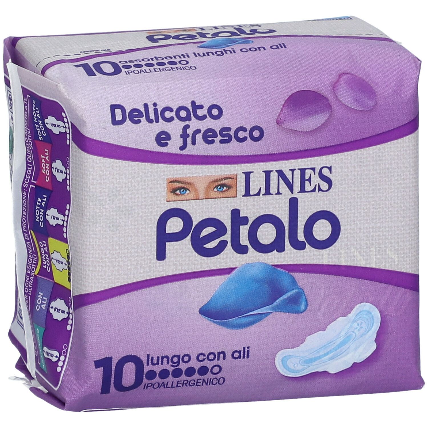 Confezione di 10 assorbenti con ali. Scritta: Delicato e fresco, LINES Petalo. Confezione mostra diversi tipi di assorbenti.