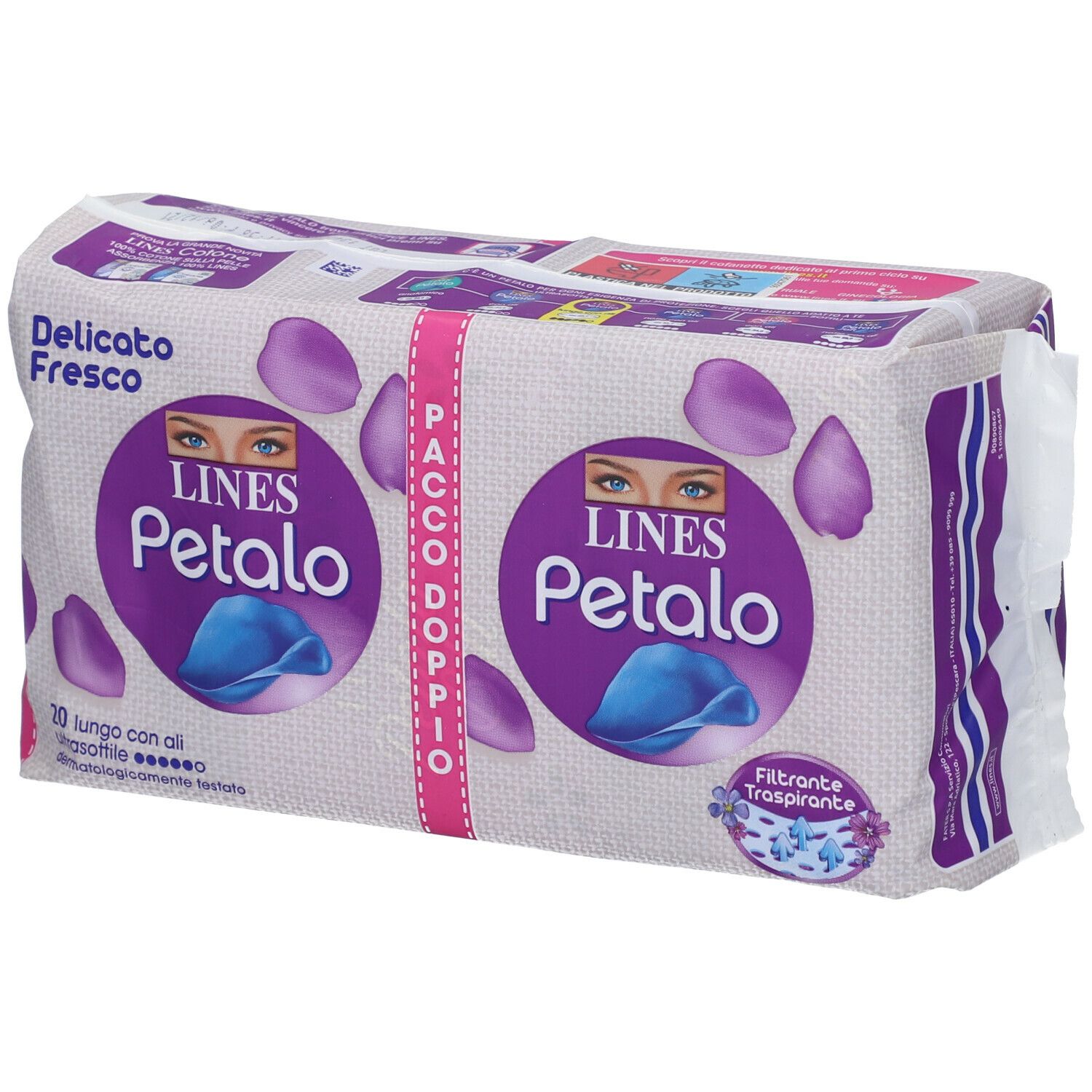 Confezione doppia LINES Petalo. Imballaggio bianco e viola con logo e motivi floreali. Testo: Delicato Fresco.