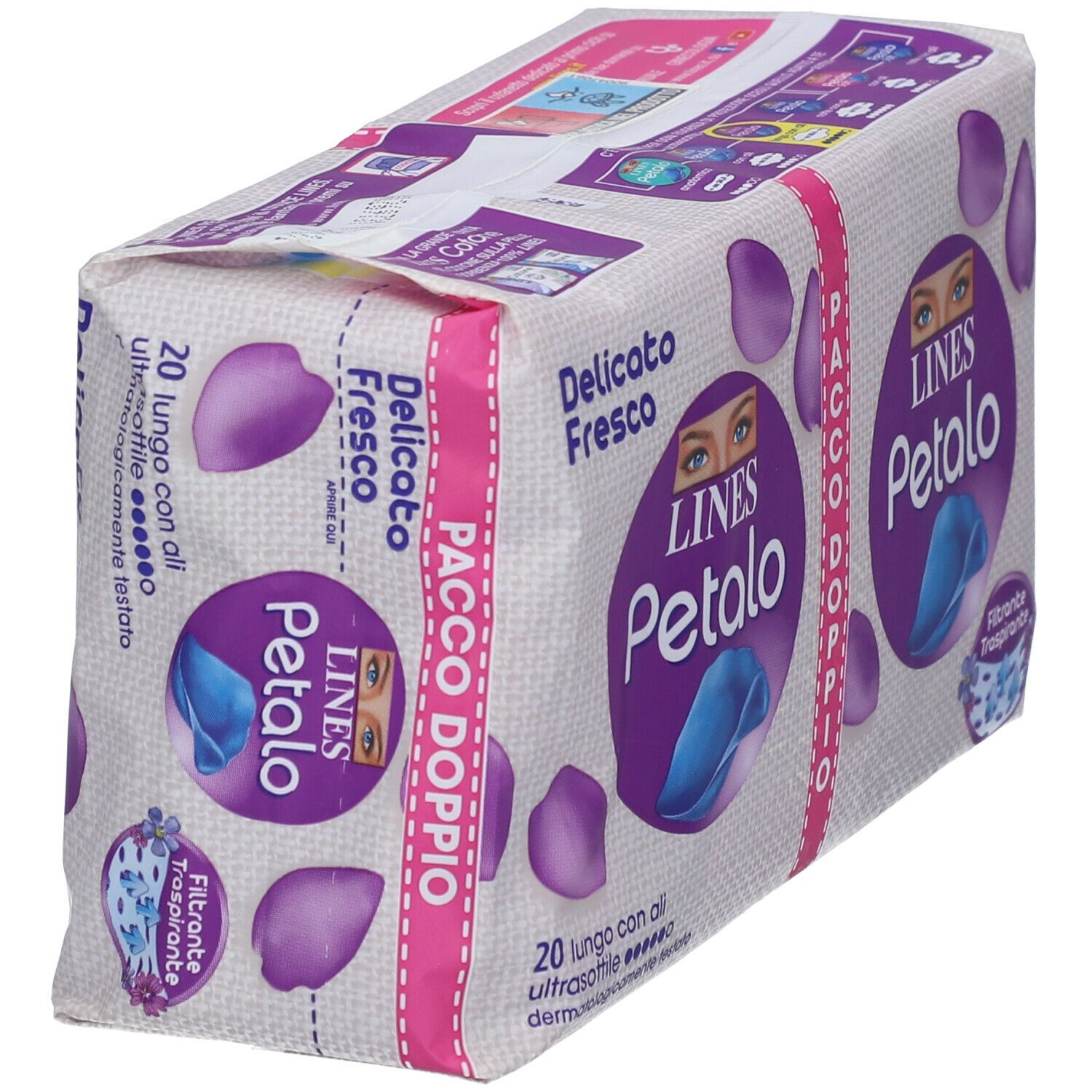 Confezione doppia LINES Petalo, vista obliqua. Imballaggio bianco e viola con logo e motivi floreali.