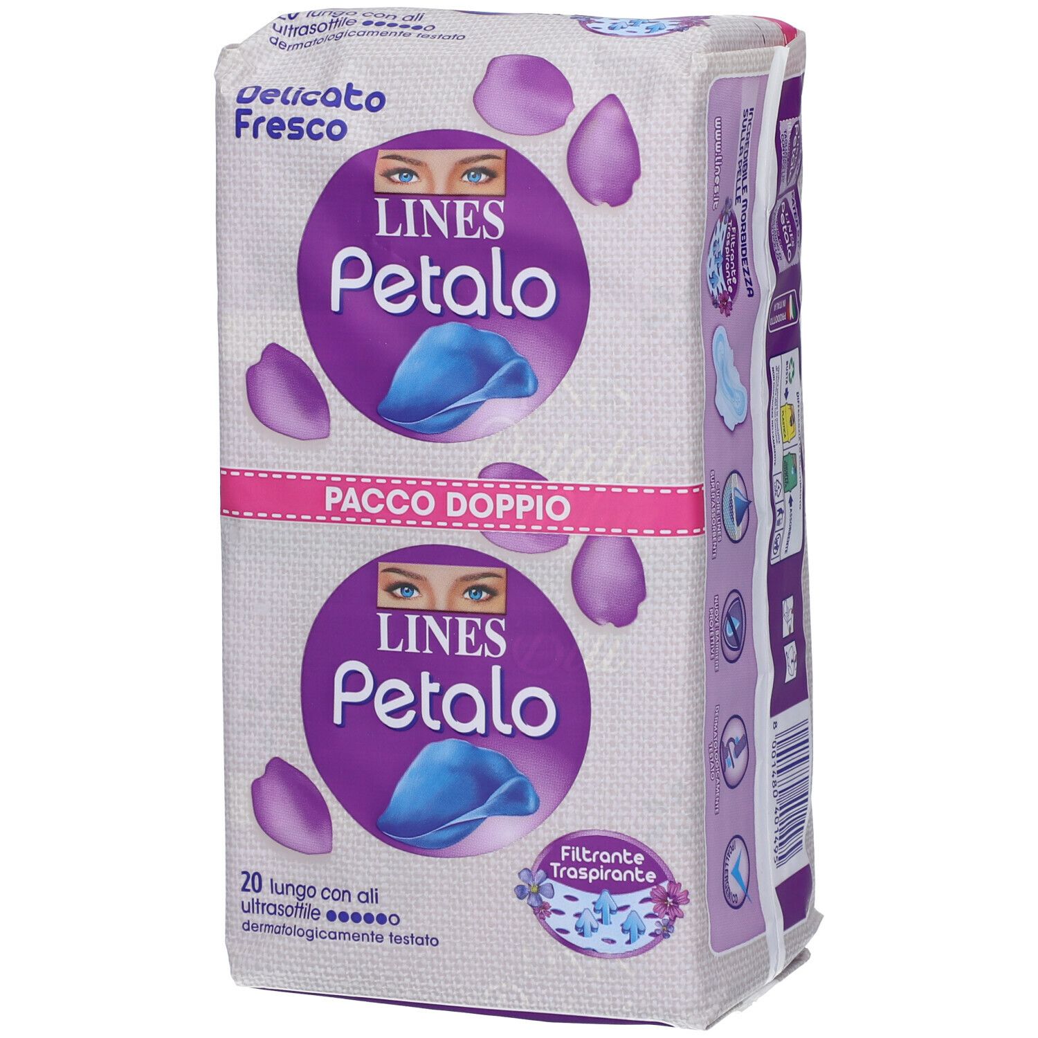 Confezione doppia LINES Petalo. Imballaggio bianco e viola con logo e motivi floreali. Testo: Delicato Fresco.