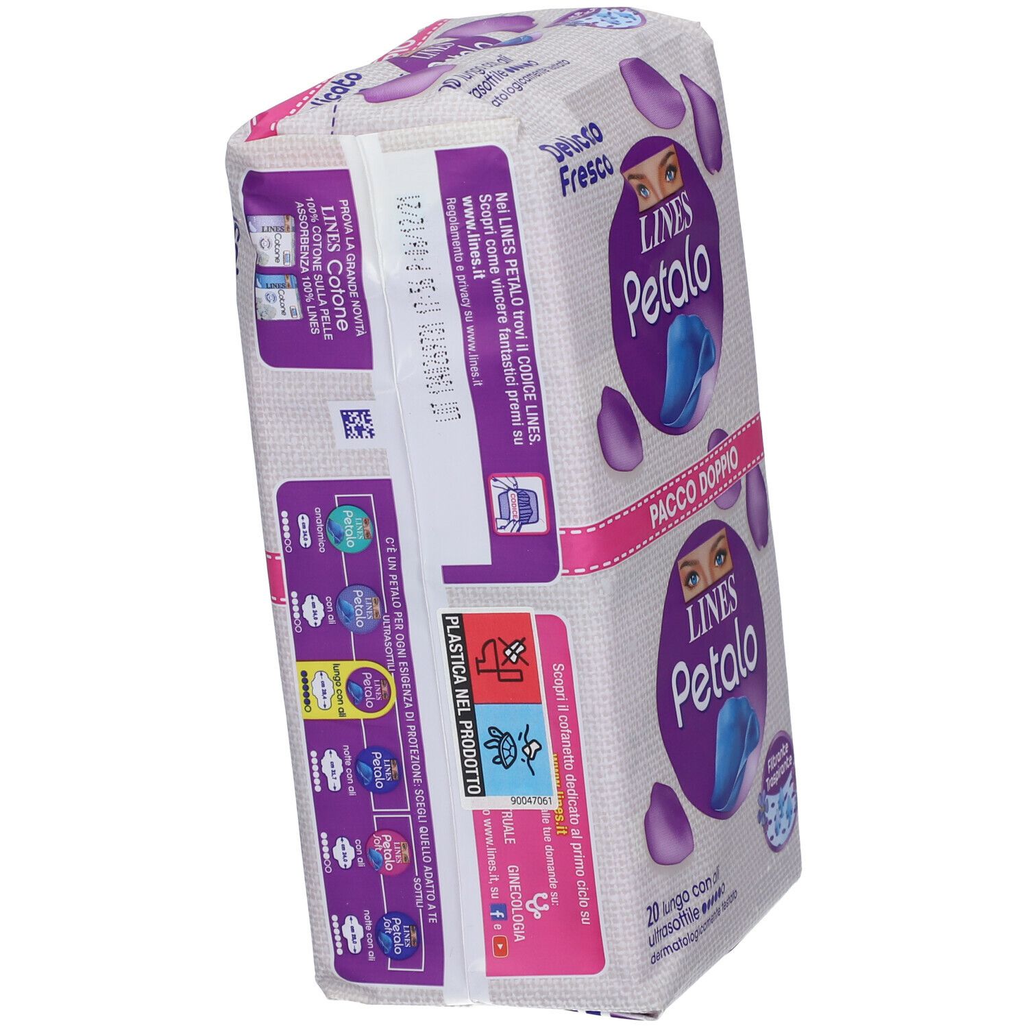 Confezione doppia LINES Petalo, vista obliqua. Imballaggio bianco e viola con logo e motivi floreali. Testo: Delicato Fresco.