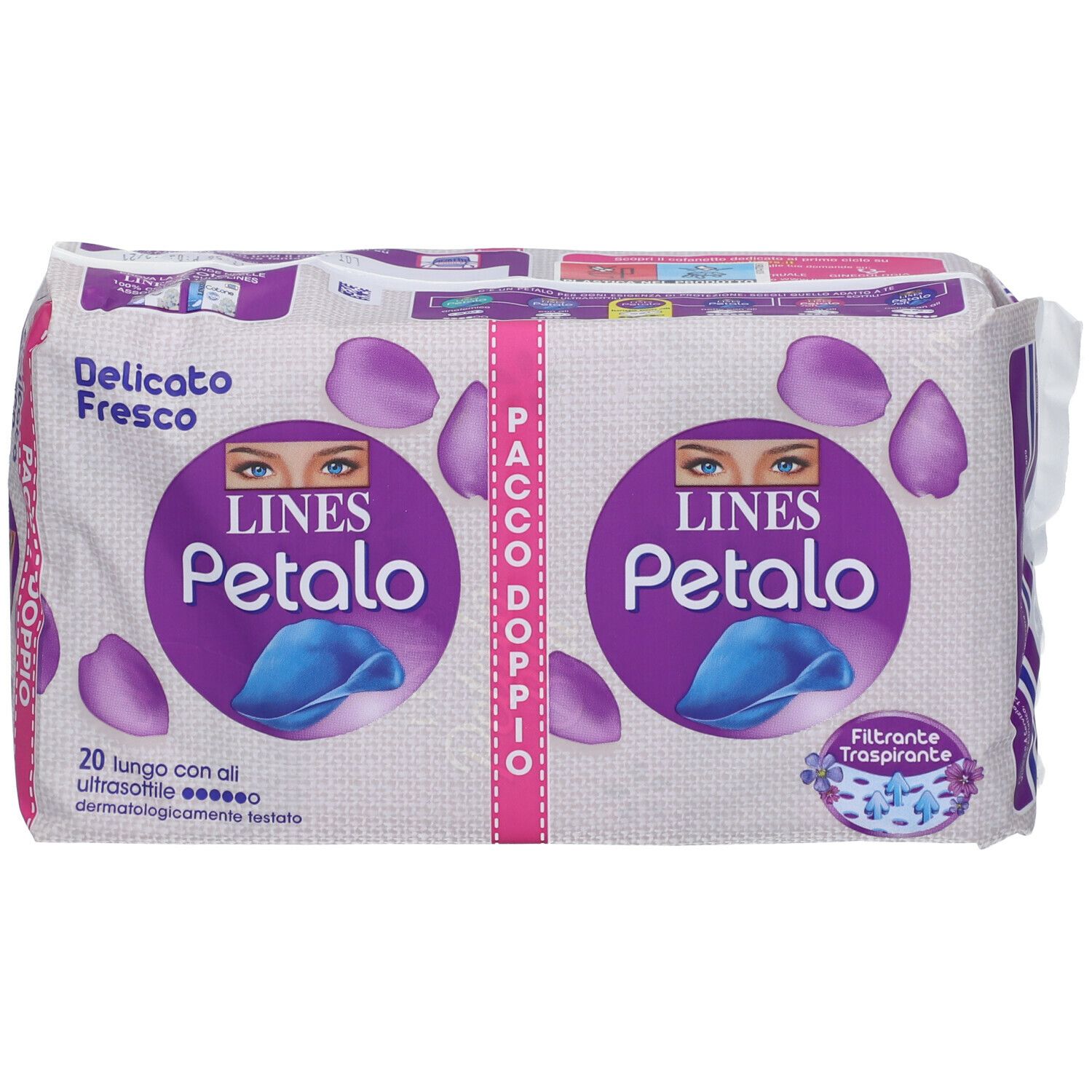 Confezione doppia LINES Petalo. Imballaggio bianco e viola con logo e motivi floreali. Testo: Delicato Fresco.