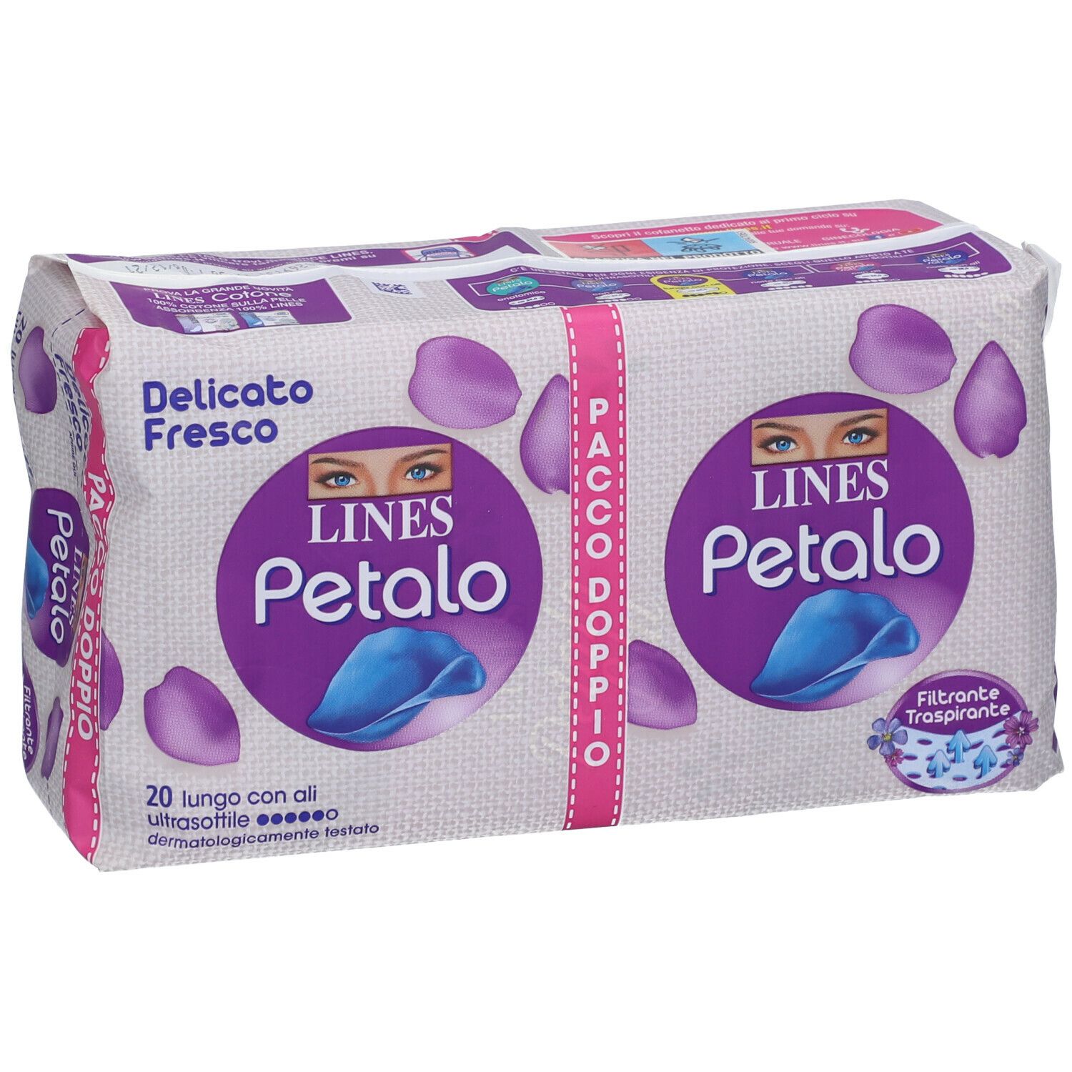 Confezione doppia LINES Petalo. Imballaggio bianco e viola con logo e motivi floreali. Testo: Delicato Fresco.