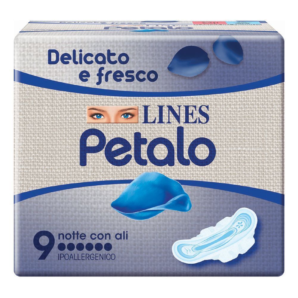 Confezione LINES Petalo Blu Notte con Ali. 9 pezzi, ipoallergenico. Illustrazioni di petali blu.