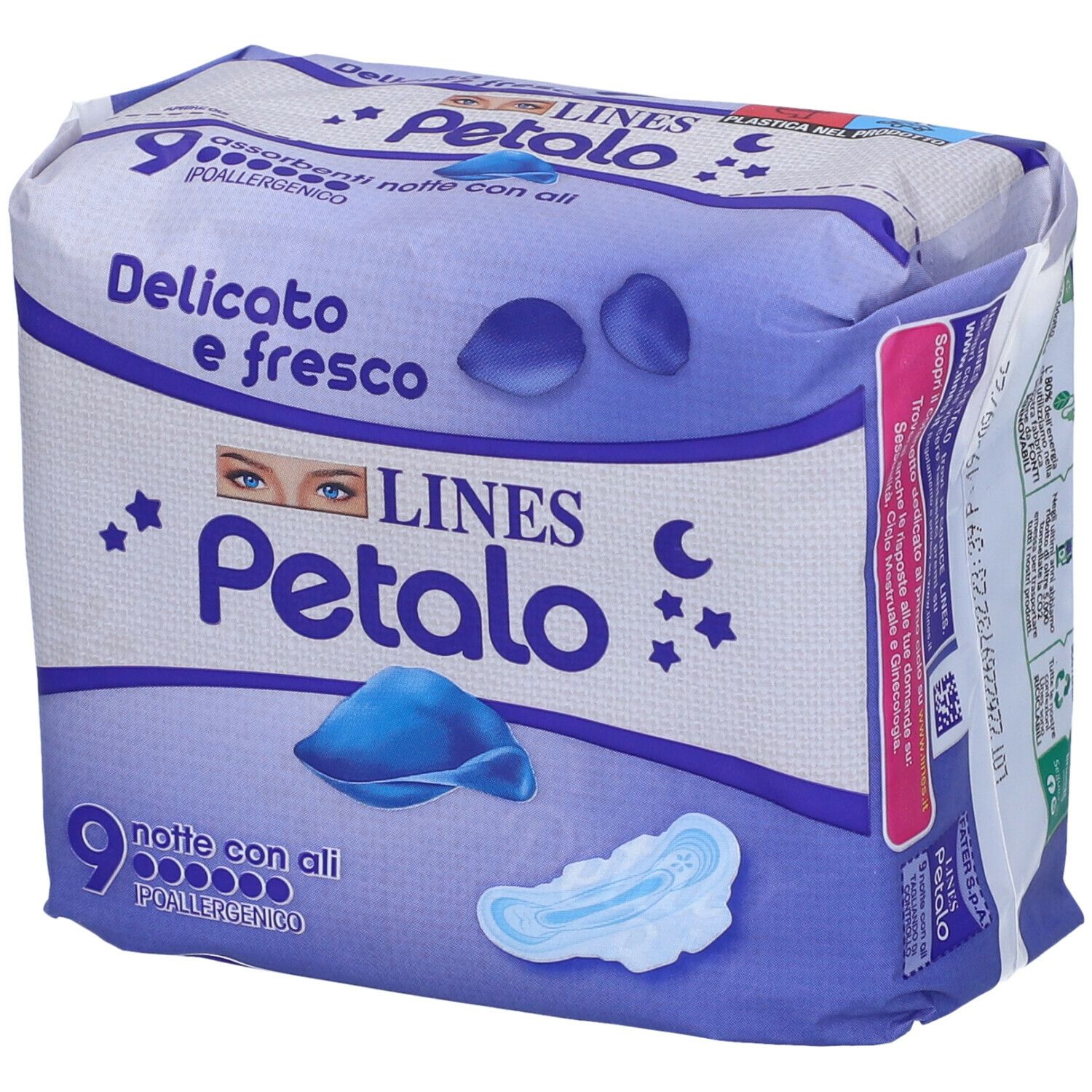 Confezione LINES Petalo Blu Notte con Ali. 9 pezzi, ipoallergenico. Confezione angolata.