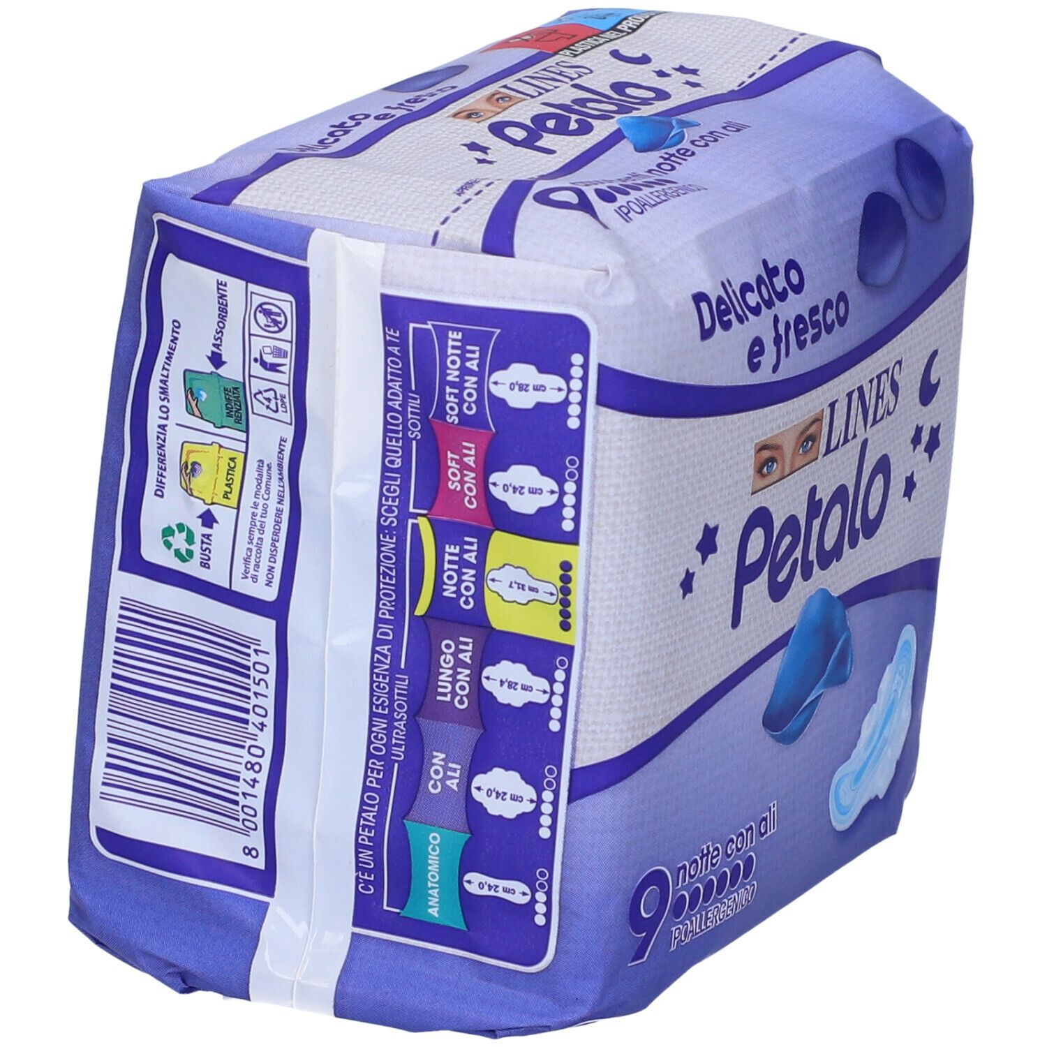 Confezione LINES Petalo Blu Notte con Ali. 9 pezzi, ipoallergenico. Vista laterale.