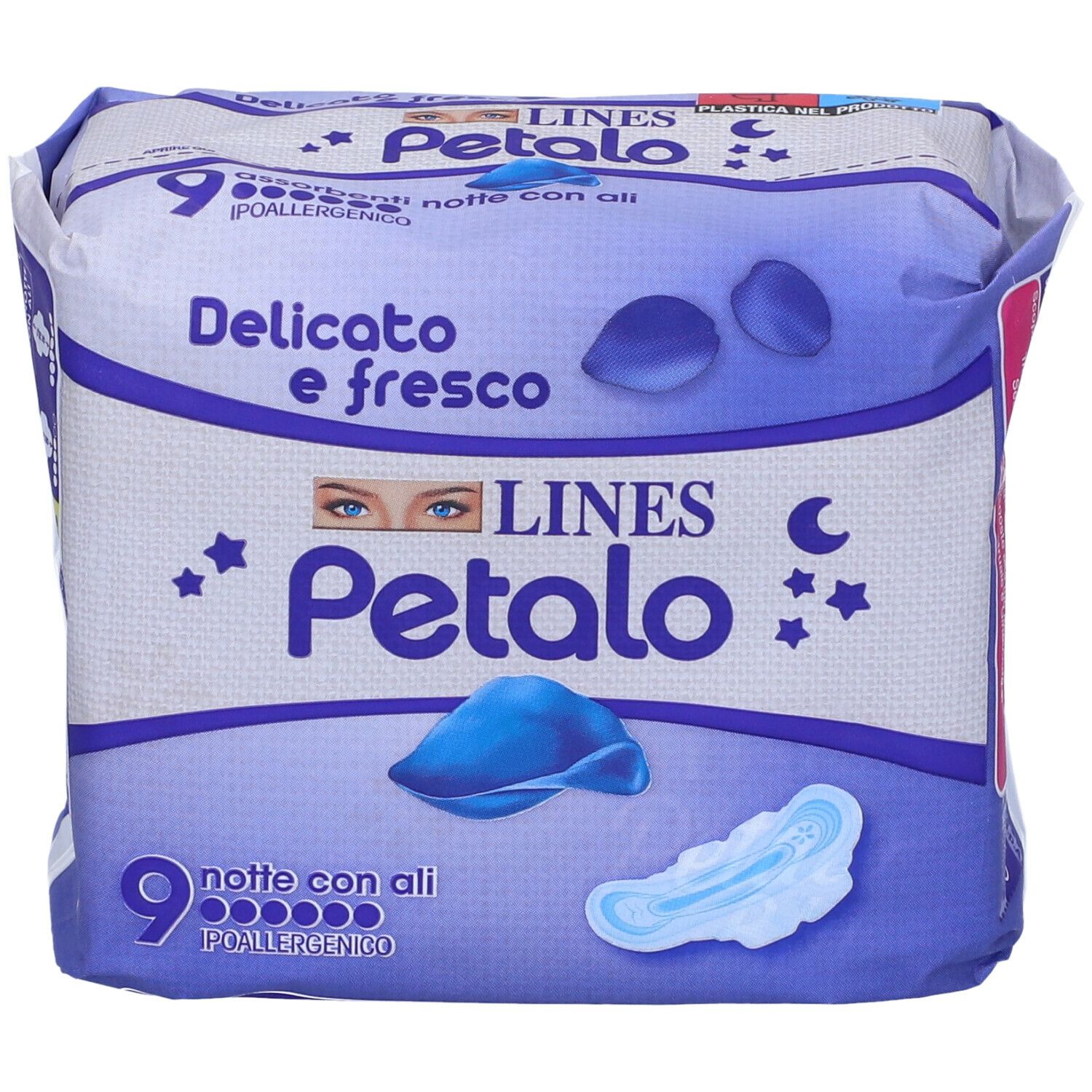 Confezione LINES Petalo Blu Notte con Ali. 9 pezzi, ipoallergenico. Vista dettagliata.