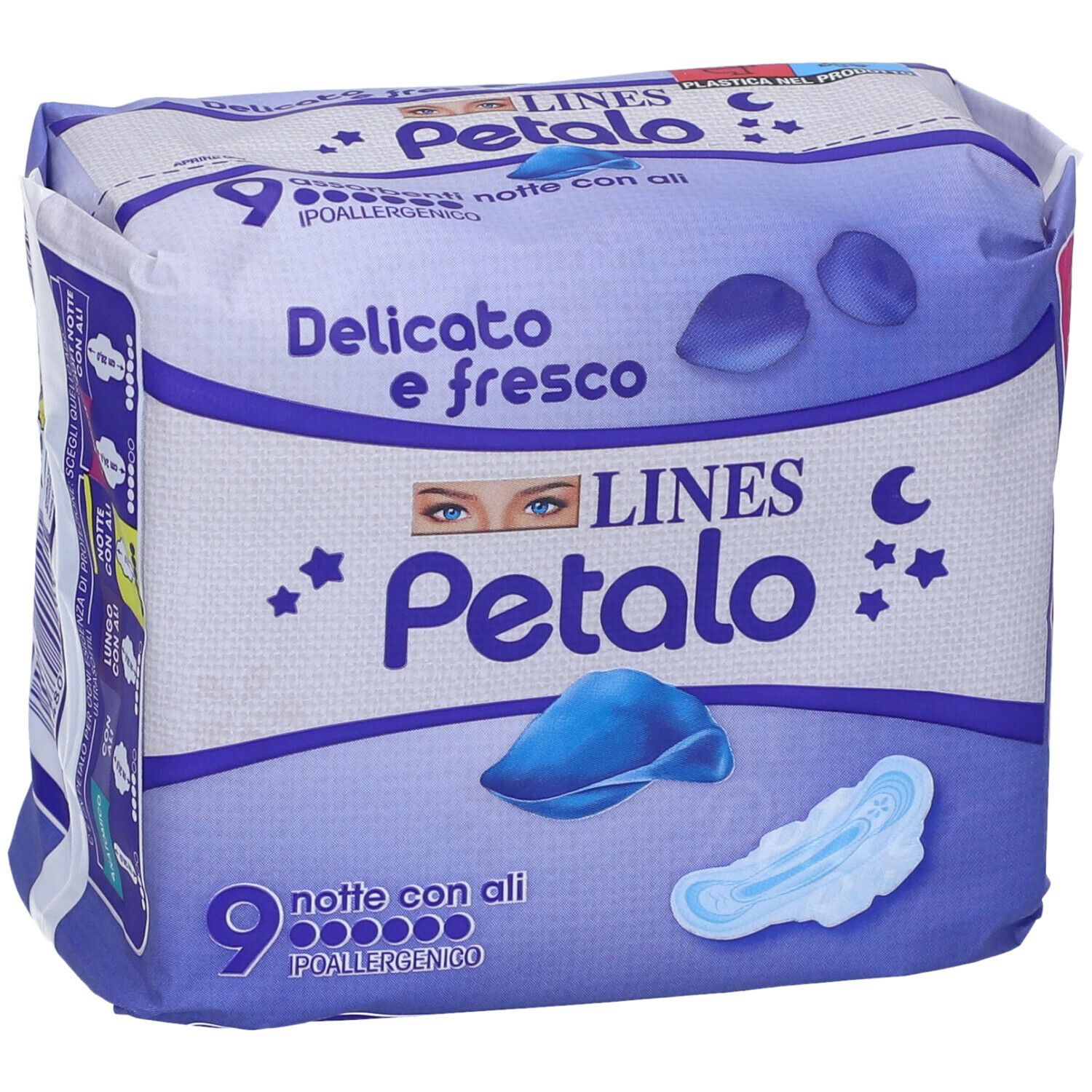 Confezione LINES Petalo Blu Notte con Ali. 9 pezzi, ipoallergenico. Illustrazioni di petali blu.