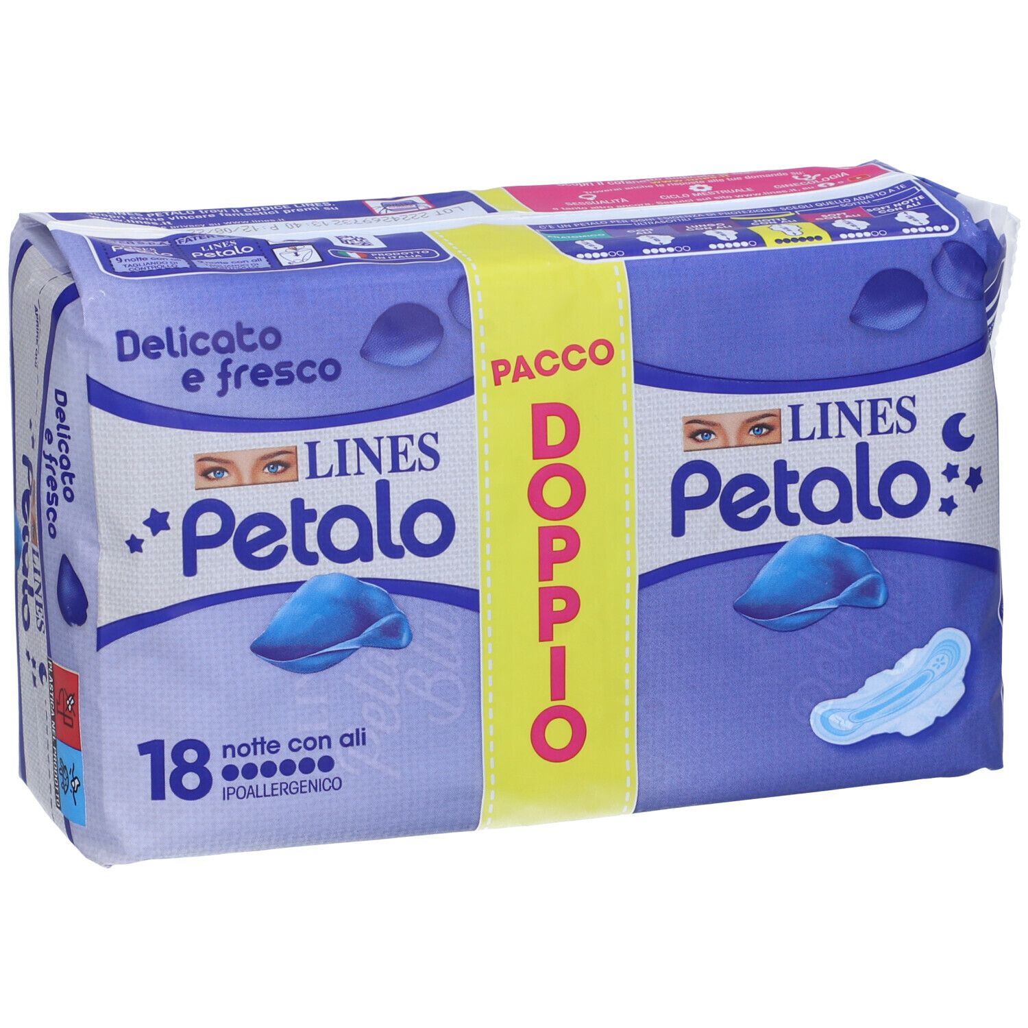 Confezione di assorbenti. Scritta: LINES Petalo, 18 notte con ali. Confezione doppia.
