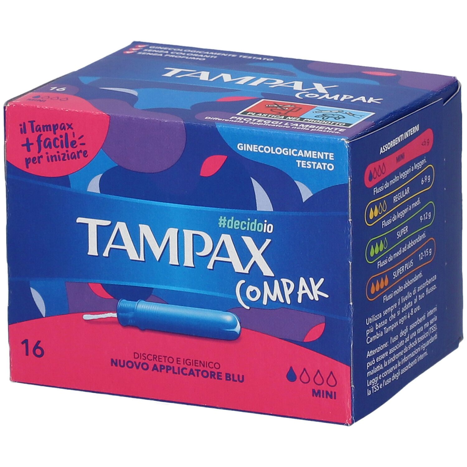 Confezione di Tampax Compak Mini. Scatola blu e rosa con immagine del prodotto e testo. 16 pezzi.