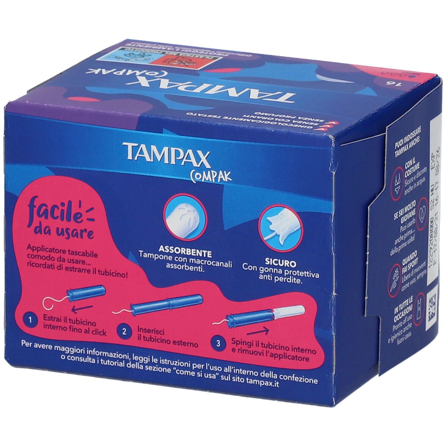 Retro della confezione Tampax Compak Mini. Illustrazioni per l'uso. Testo in italiano.