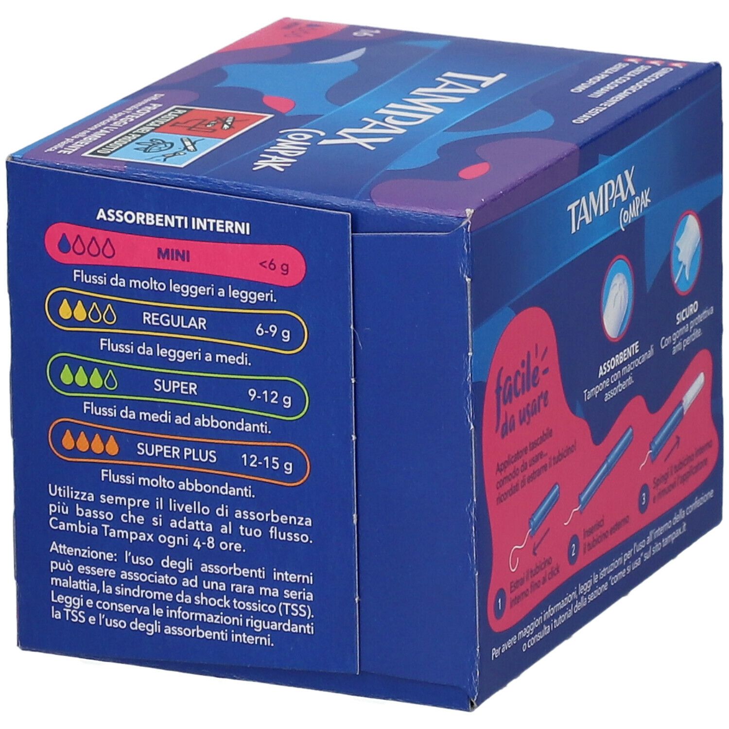 Lato della confezione Tampax Compak Mini. Informazioni sugli assorbimenti. Testo in italiano.