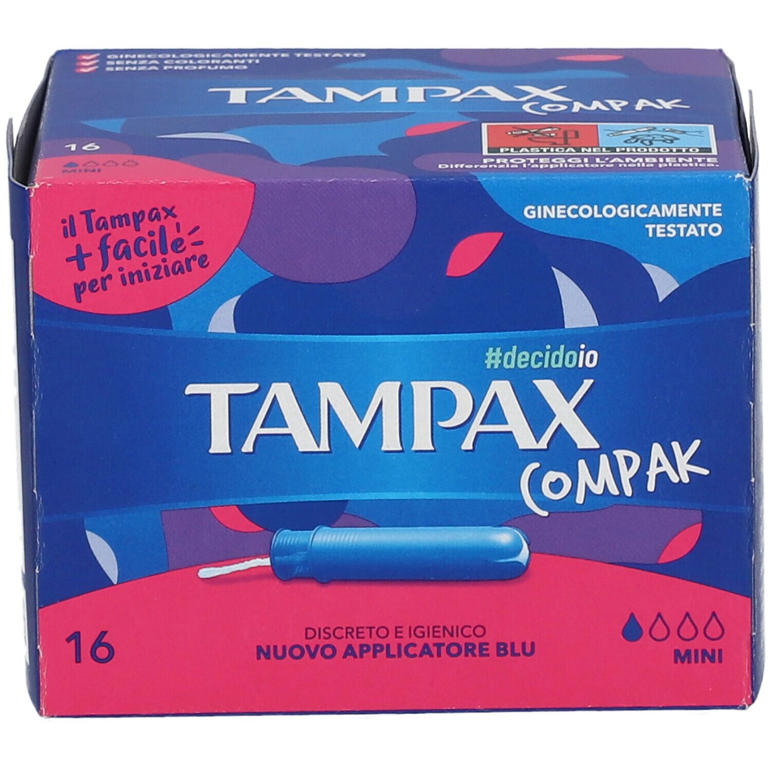 Confezione Tampax Compak Mini. Scatola blu e rosa con immagine del prodotto e testo. 16 pezzi.