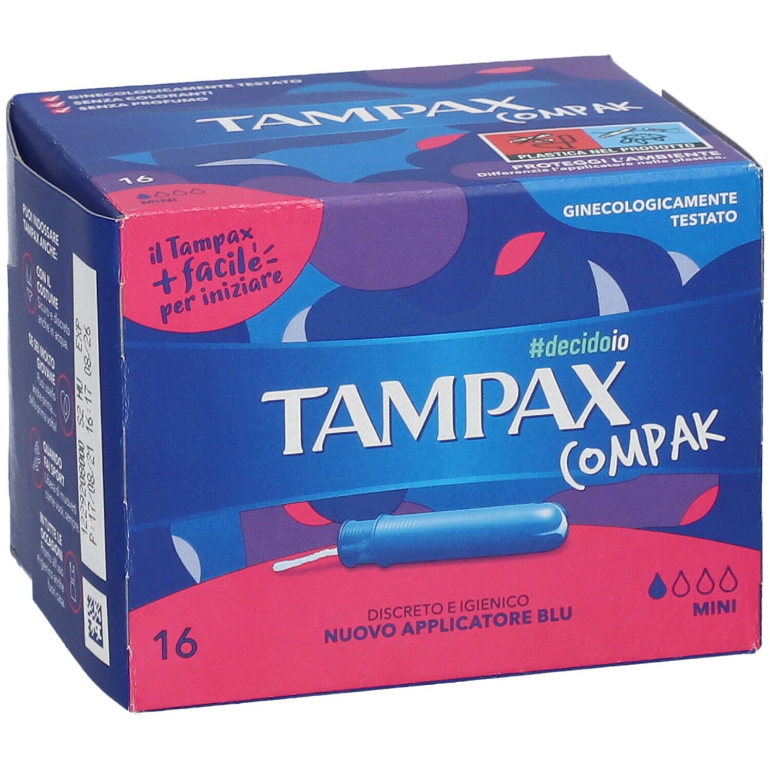 Confezione Tampax Compak Mini. Scatola blu e rosa con immagine del prodotto e testo. 16 pezzi.