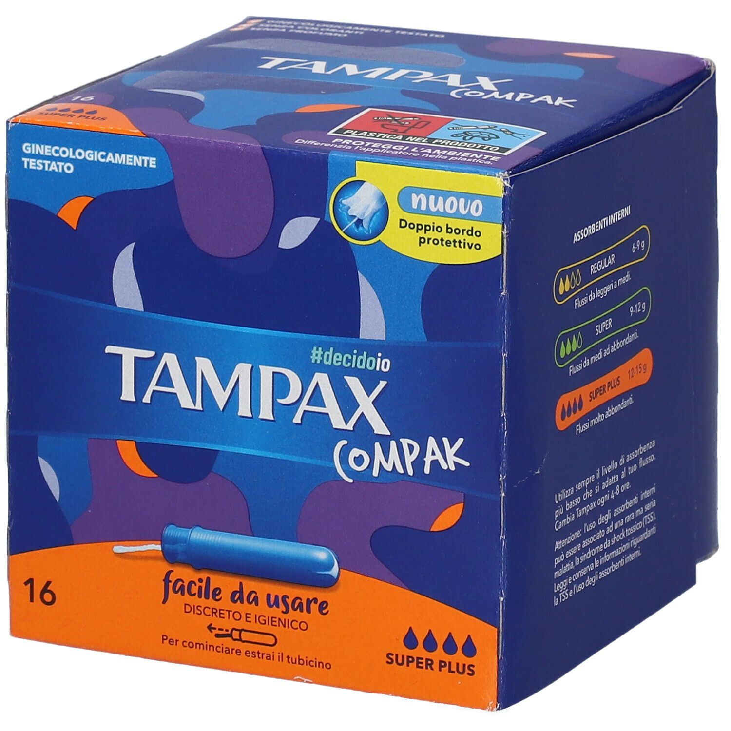 Confezione Tampax Compak Super Plus. Scatola blu con informazioni sul prodotto e applicatore di tamponi.