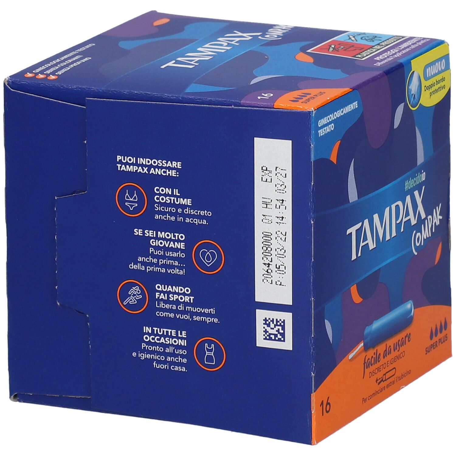Lato della confezione Tampax Compak Super Plus. Testo e icone mostrano caratteristiche e istruzioni d'uso.