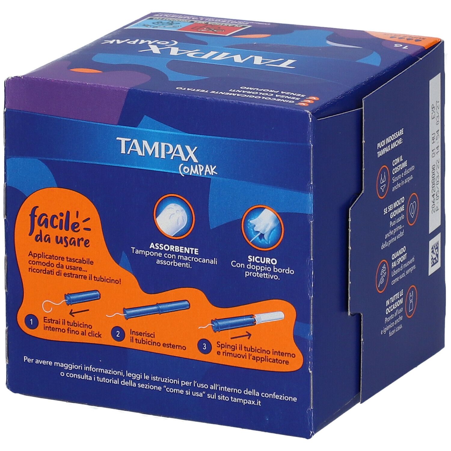 Confezione Tampax Compak Super Plus. Illustrazioni mostrano l'uso del tampone con applicatore.