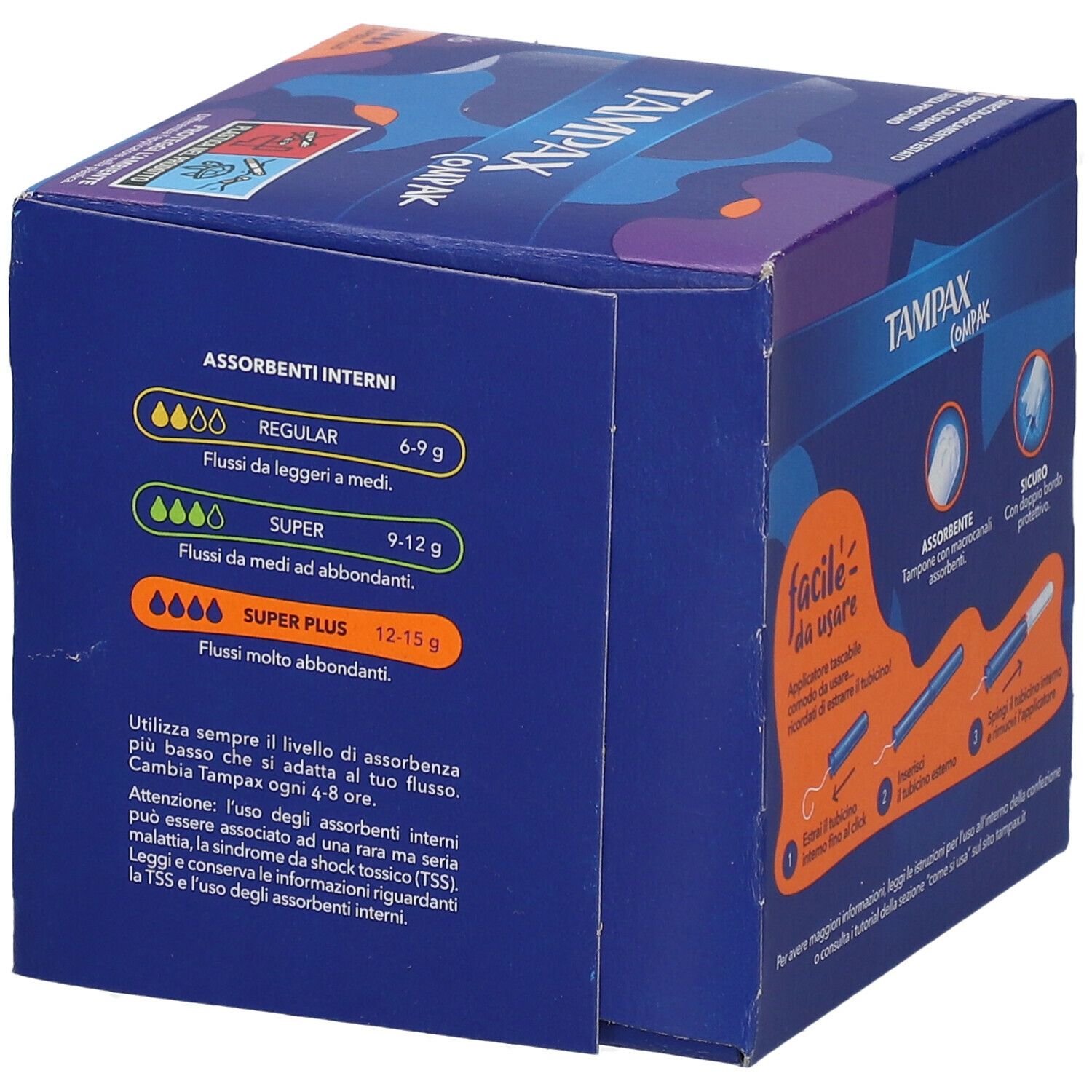 Lato della confezione Tampax Compak Super Plus. Informazioni sull'assorbenza e avvertenze.