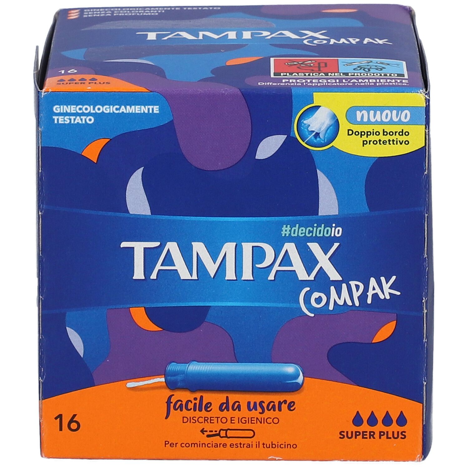 Confezione Tampax Compak Super Plus. Scatola blu con nome del prodotto, illustrazione applicatore e 16 pezzi.