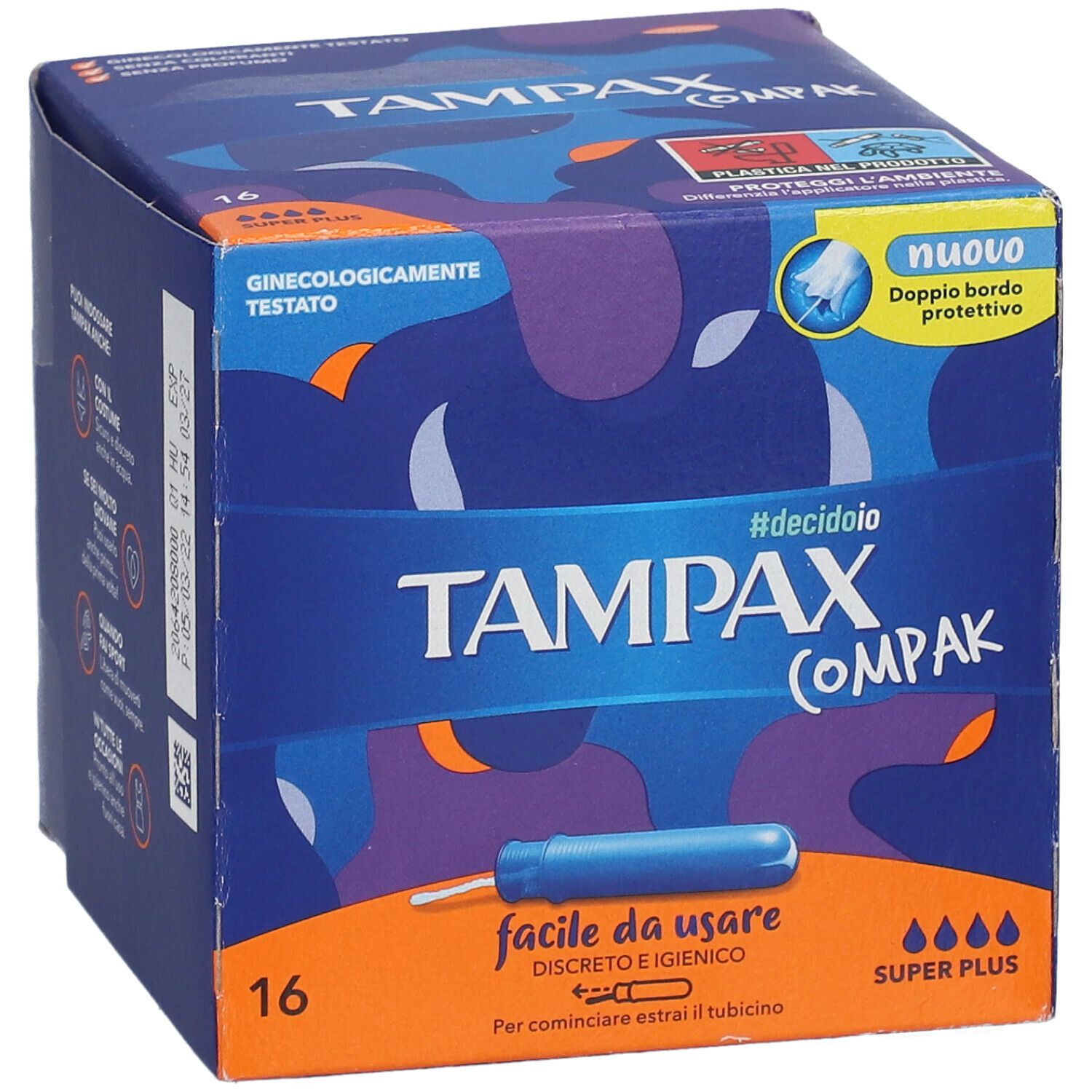 Confezione Tampax Compak Super Plus. Scatola blu con nome del prodotto, illustrazione applicatore e 16 pezzi.