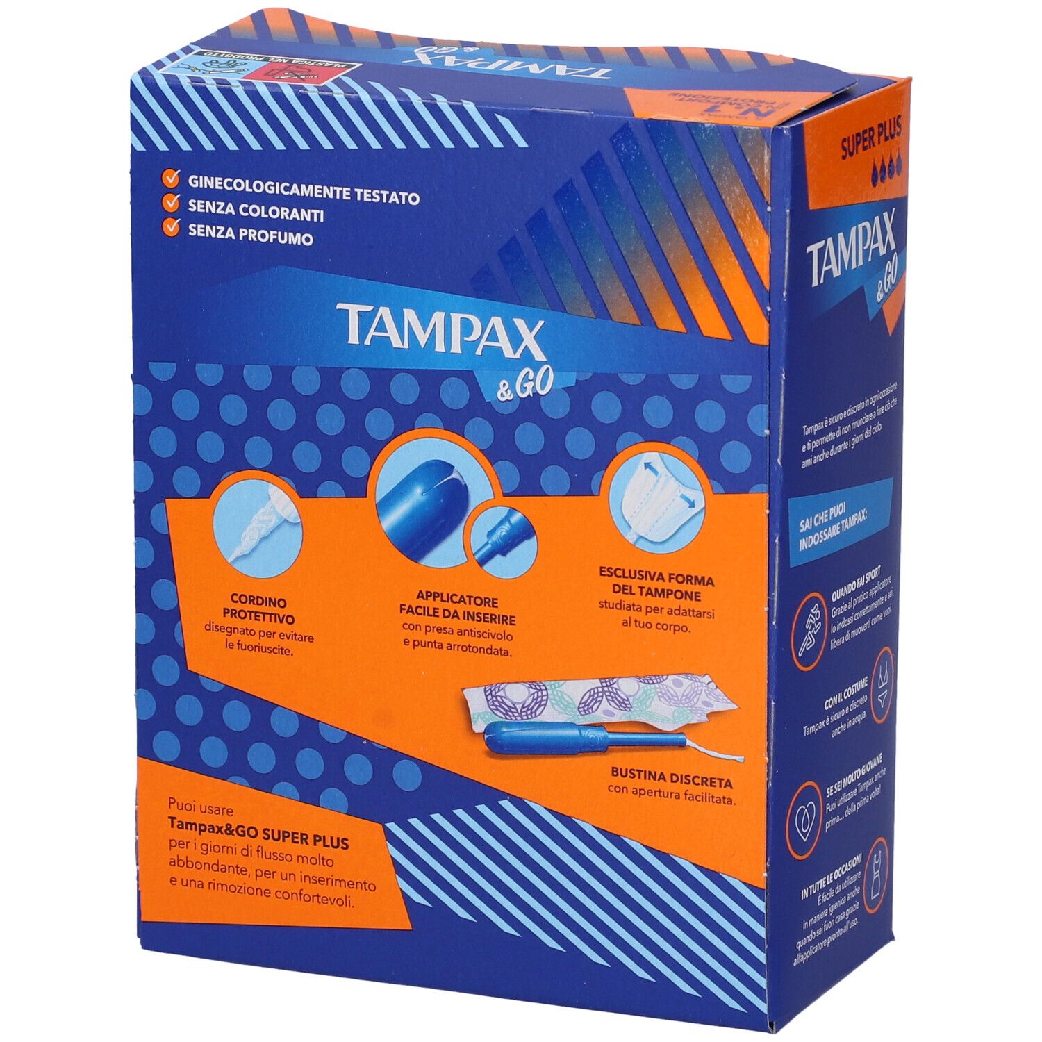 Retro della confezione Tampax & Go Super Plus. Immagini e informazioni sui tamponi.