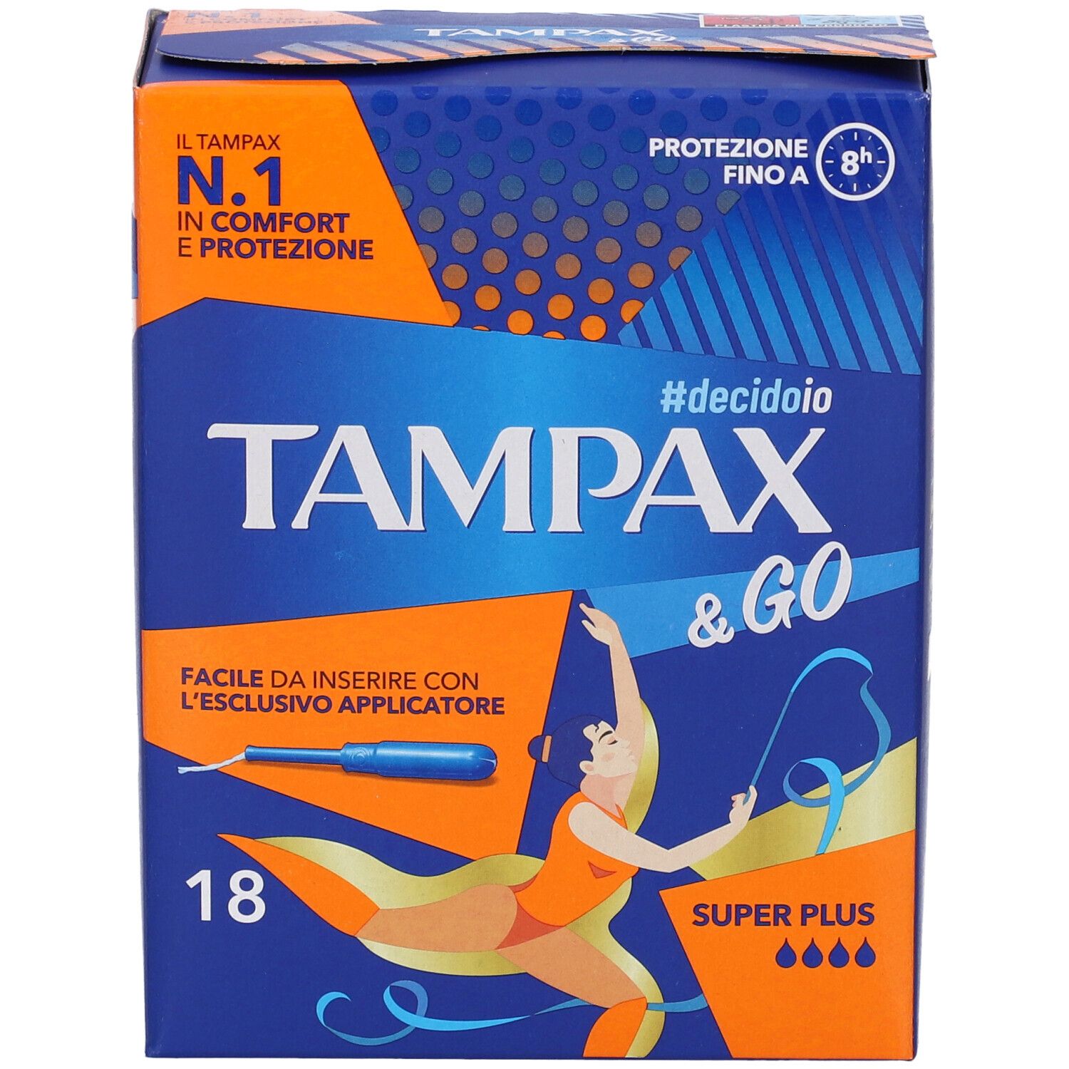 Confezione blu e arancione di Tampax & Go Super Plus. Contiene 18 pezzi. Illustrazione di una donna.