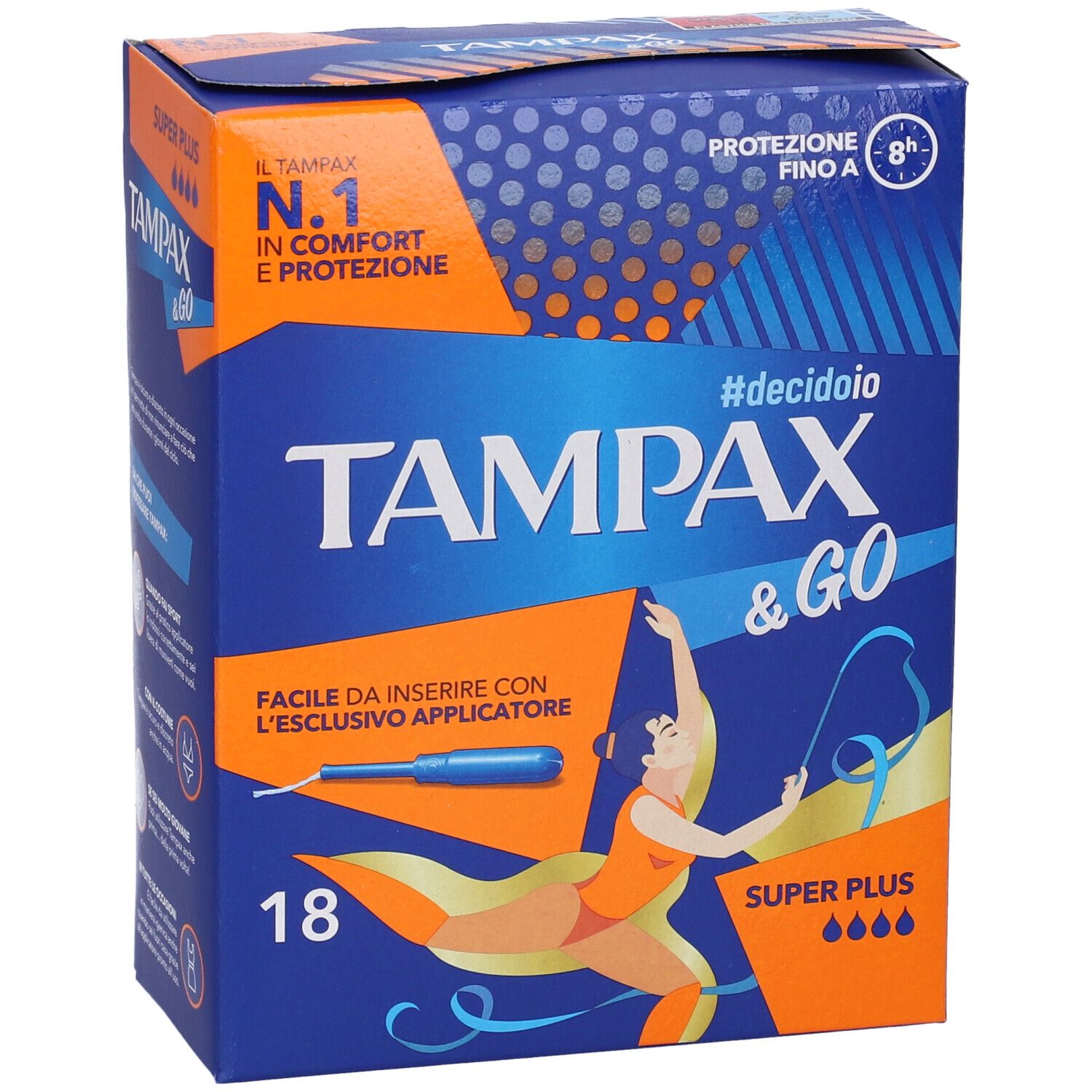 Confezione blu e arancione di Tampax & Go Super Plus. Contiene 18 pezzi. Illustrazione di una donna.