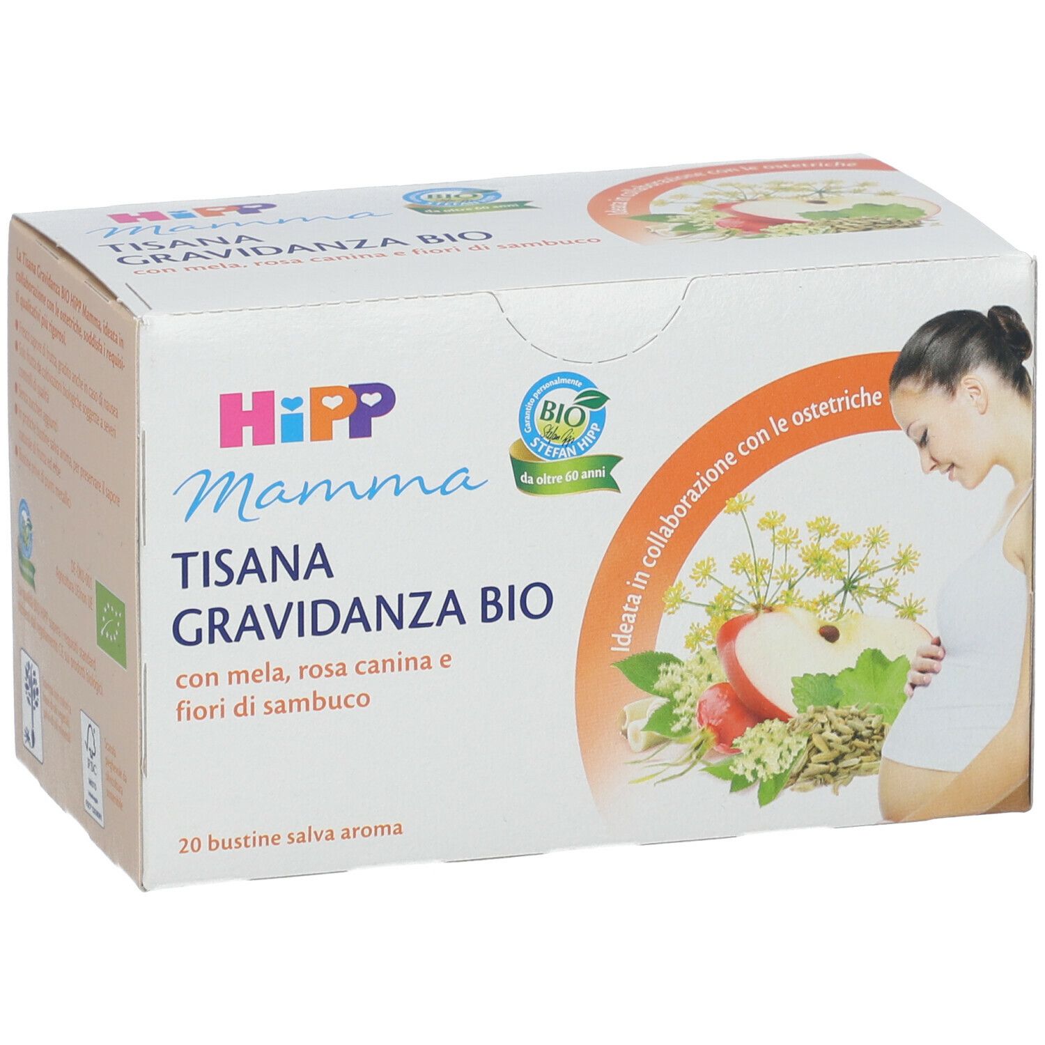 Confezione HiPP Mamma TISANA GRAVIDANZA BIO. 20 bustine. Logo bio. Donna incinta.