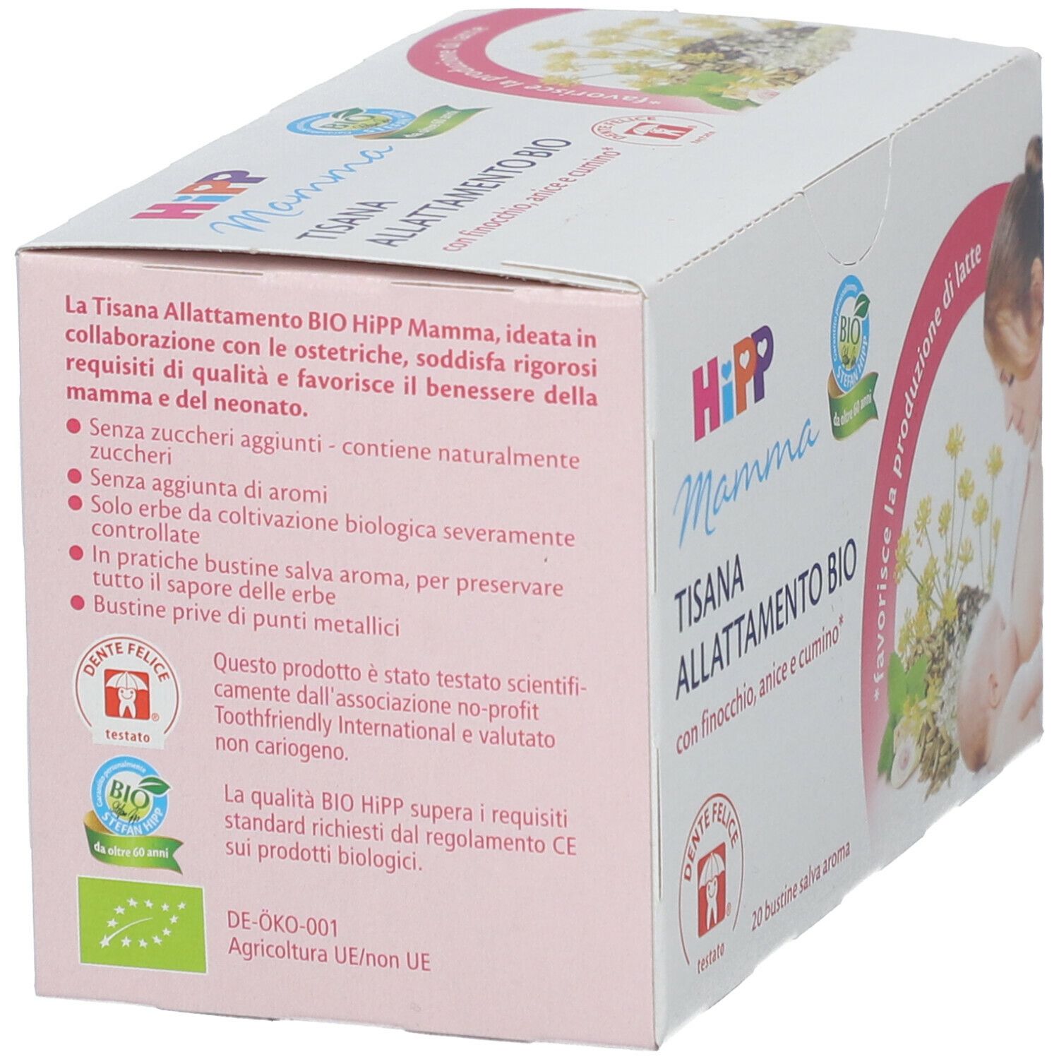 Scatola di HiPP Mamma TISANA ALLATTAMENTO BIO. Testo: BIO, Dente Felice, 20 bustine. Retro con testo e logo.