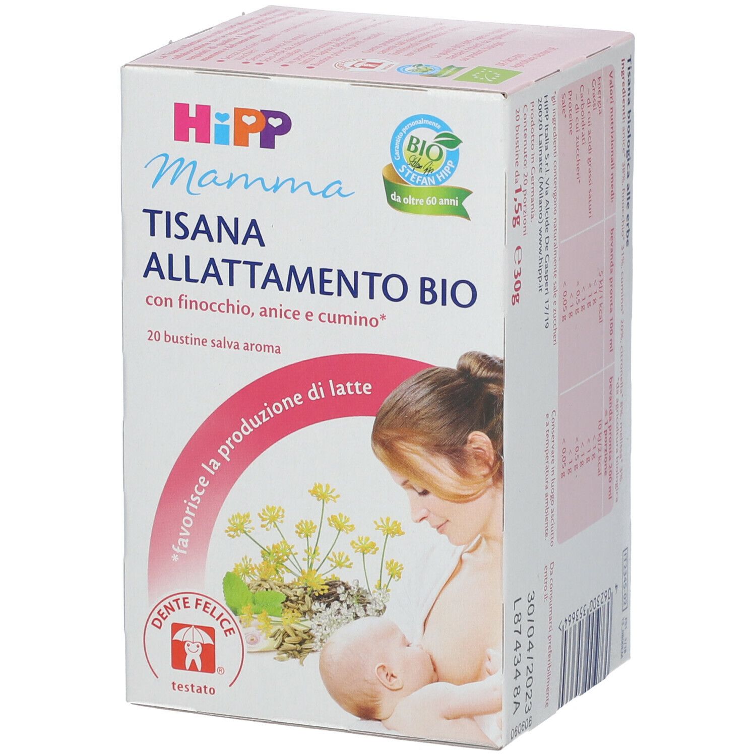 Scatola HiPP Mamma TISANA ALLATTAMENTO BIO. Sigillo BIO, logo Dente Felice. Donna che allatta. 20 bustine.