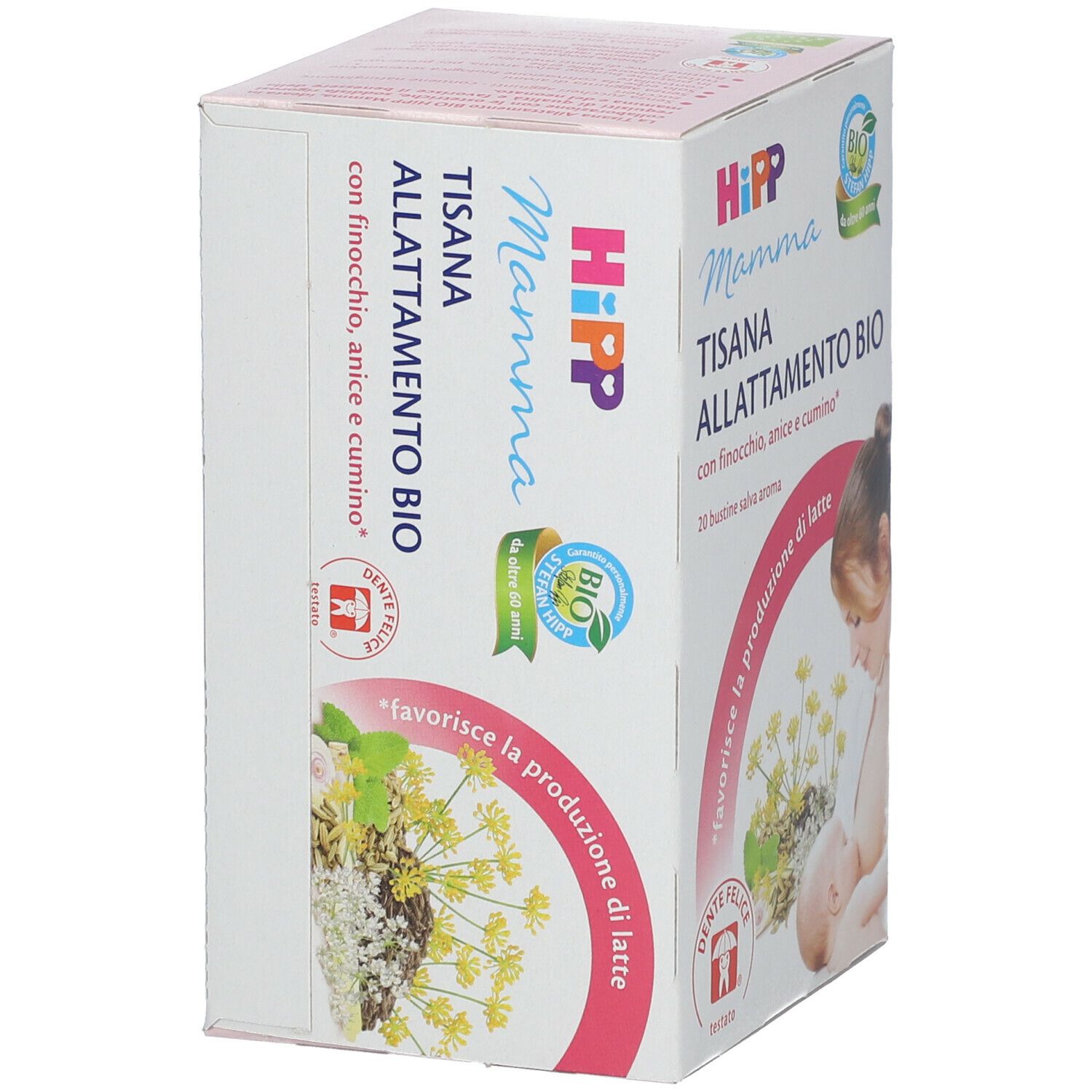 Scatola HiPP Mamma TISANA ALLATTAMENTO BIO. Sigillo BIO, logo Dente Felice. Donna che allatta. 20 bustine.
