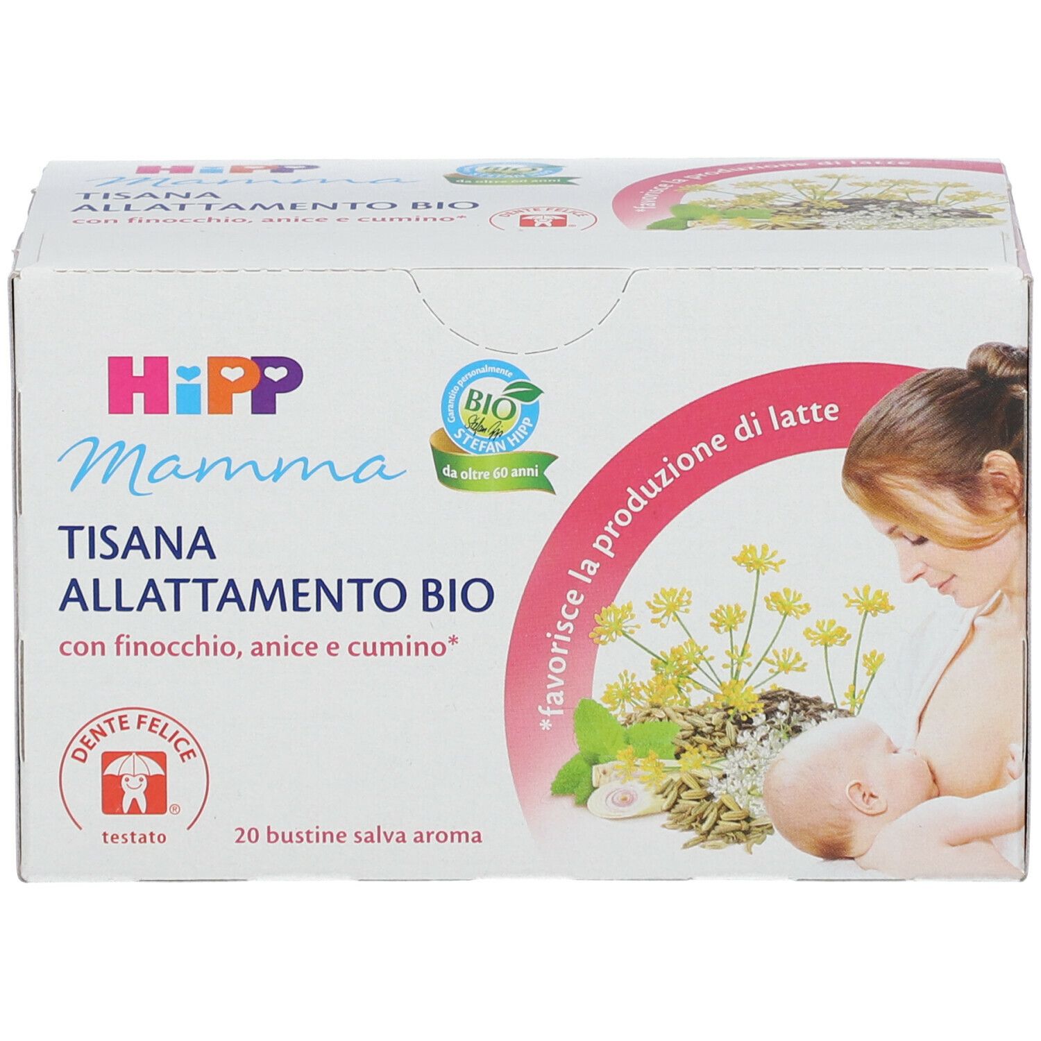 Scatola HiPP Mamma TISANA ALLATTAMENTO BIO. Sigillo BIO, logo Dente Felice. Donna che allatta. 20 bustine.