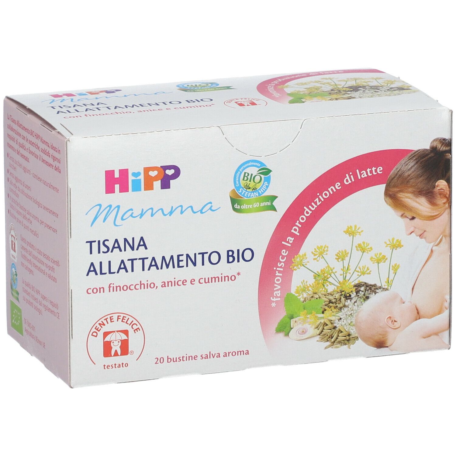 Scatola HiPP Mamma TISANA ALLATTAMENTO BIO. Sigillo BIO, logo Dente Felice. Donna che allatta. 20 bustine.