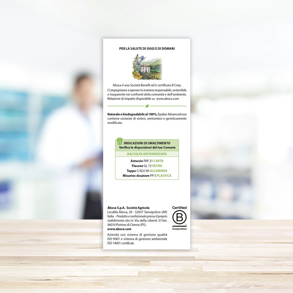 Rückseite der Produktverpackung mit Informationen zur Entsorgung und Zertifizierung. Text in Italienisch.