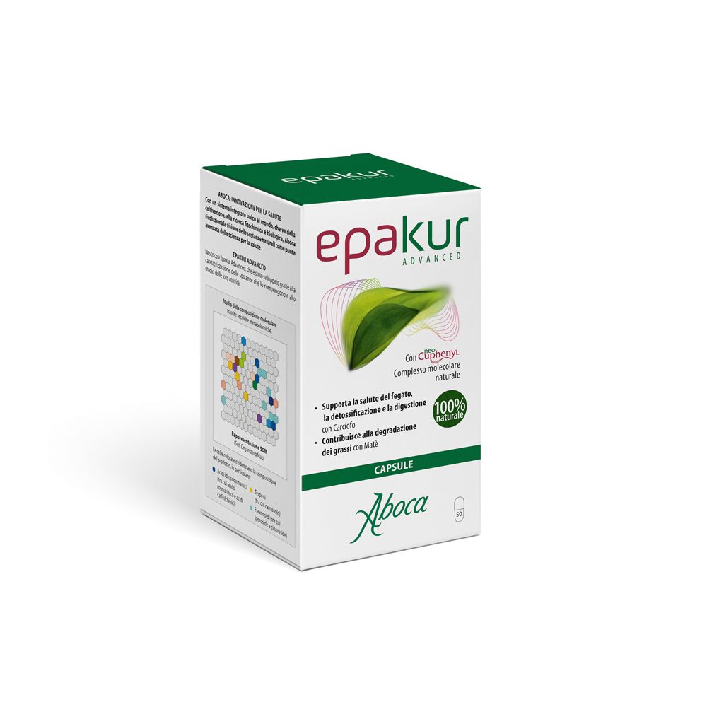 Scatola bianca Epakur Advanced. Grafica verde e bianca. Capsule. Logo Aboca. 100% naturale. Testo in italiano.