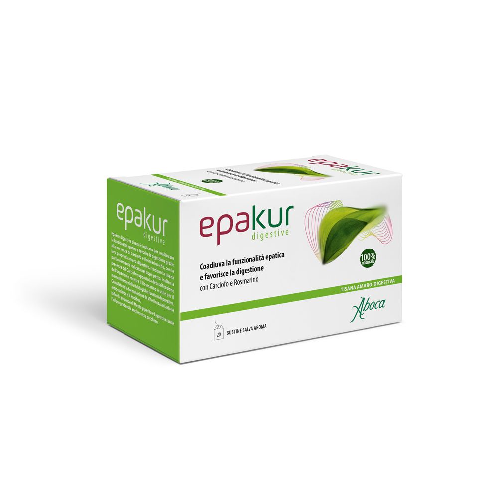 Scatola "epakur digestive". Confezione verde e bianca con informazioni sul prodotto e logo Aboca. 20 bustine.
