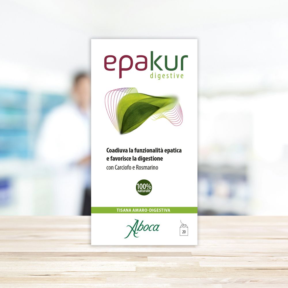 Verpackung "epakur digestive" auf einem Tisch. Logo und Produktinformationen sind sichtbar. 20 Beutel.