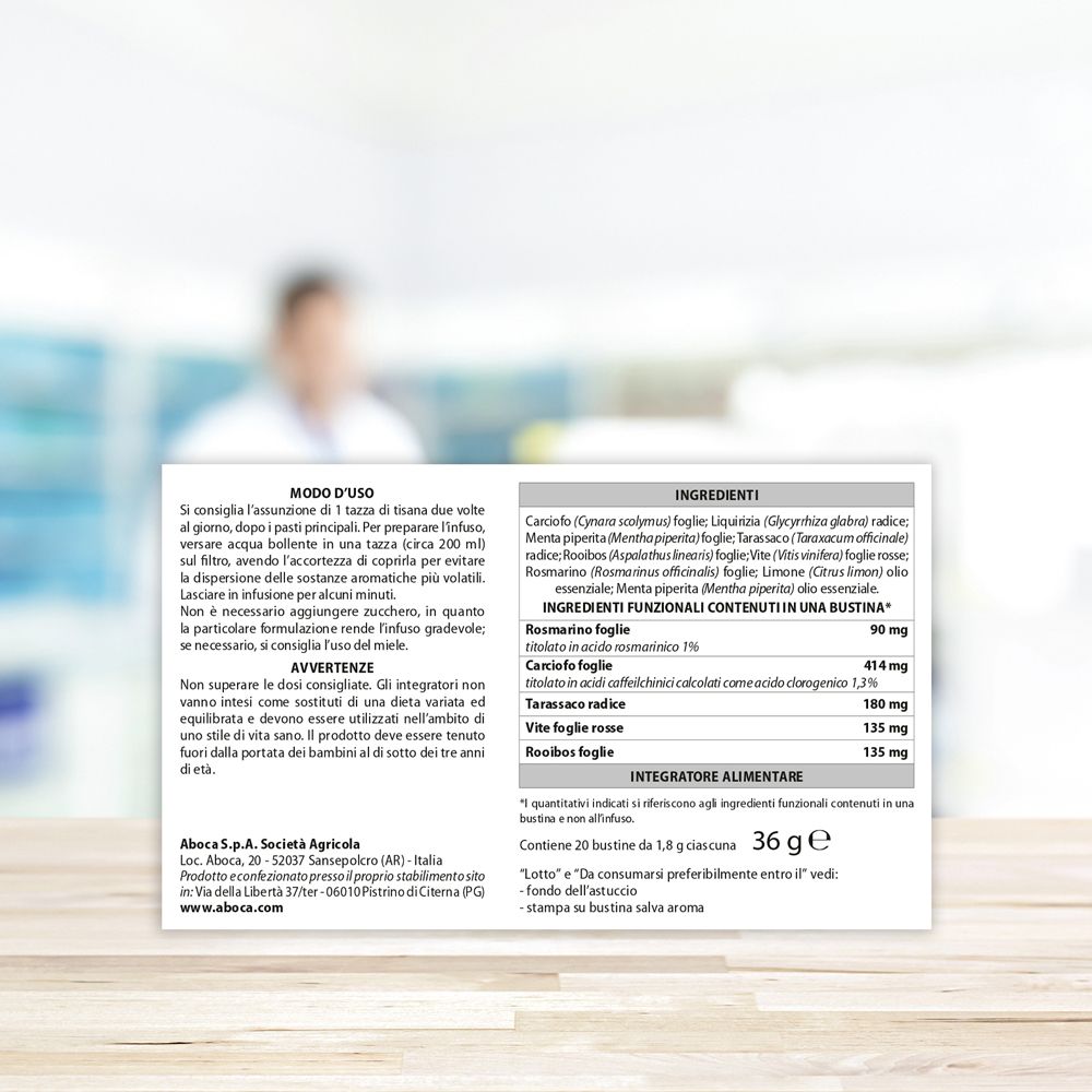 Rückseite der Verpackung "epakur digestive". Text mit Inhaltsstoffen und Gebrauchsanweisung. 20 Beutel.