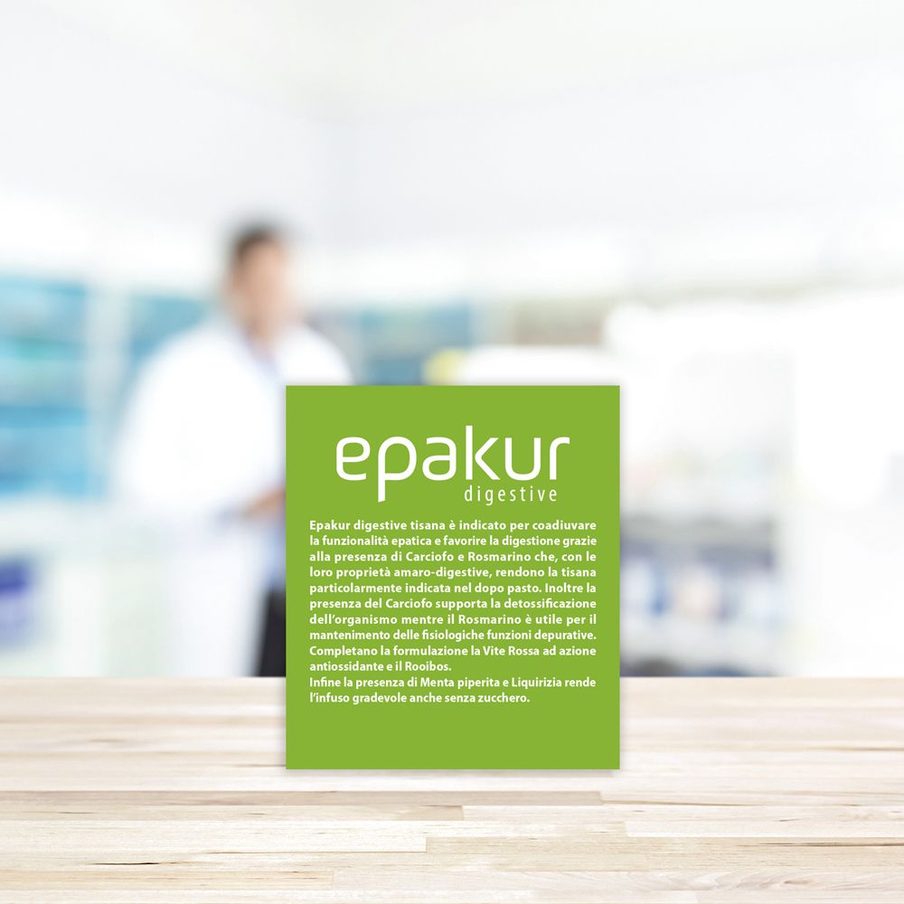 Verpackung "epakur digestive". Logo, Produktinformationen und 20 Beutel. Grün-weiße Verpackung.