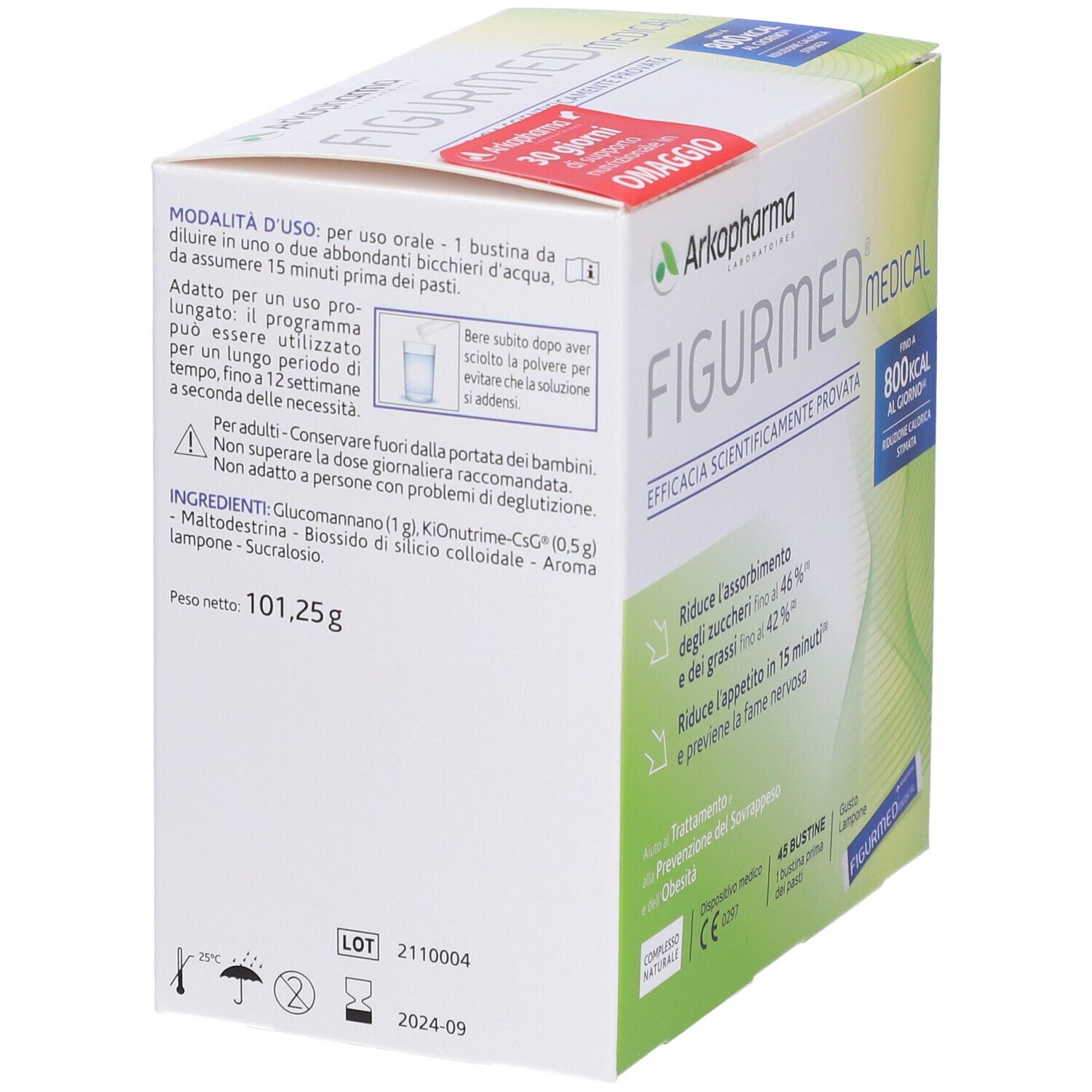Confezione di FIGURMED® MEDICAL. Contiene 45 bustine. Retro con ingredienti e istruzioni per l'uso.