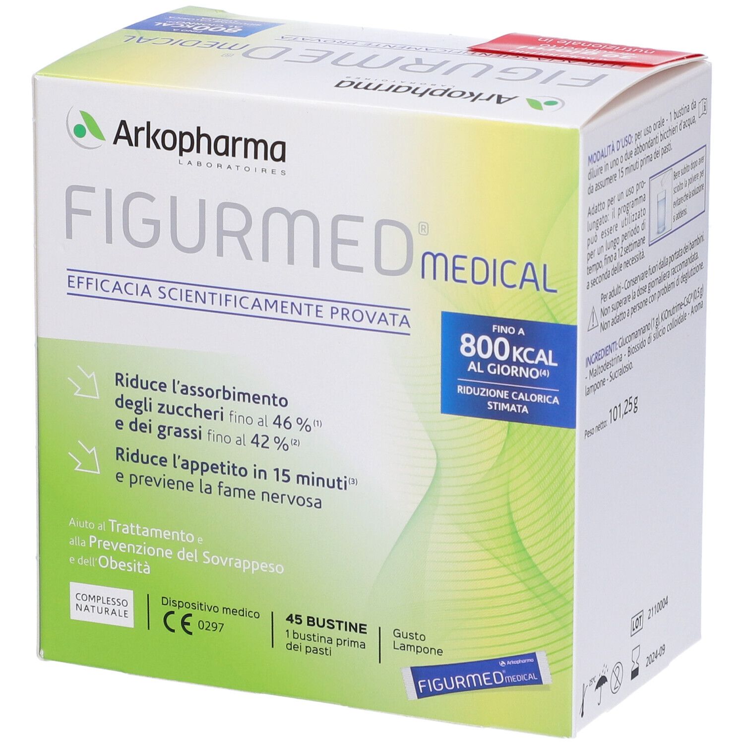 Confezione di FIGURMED® MEDICAL. Contiene 45 bustine. Scritto: Riduce l'assorbimento di zuccheri e grassi.