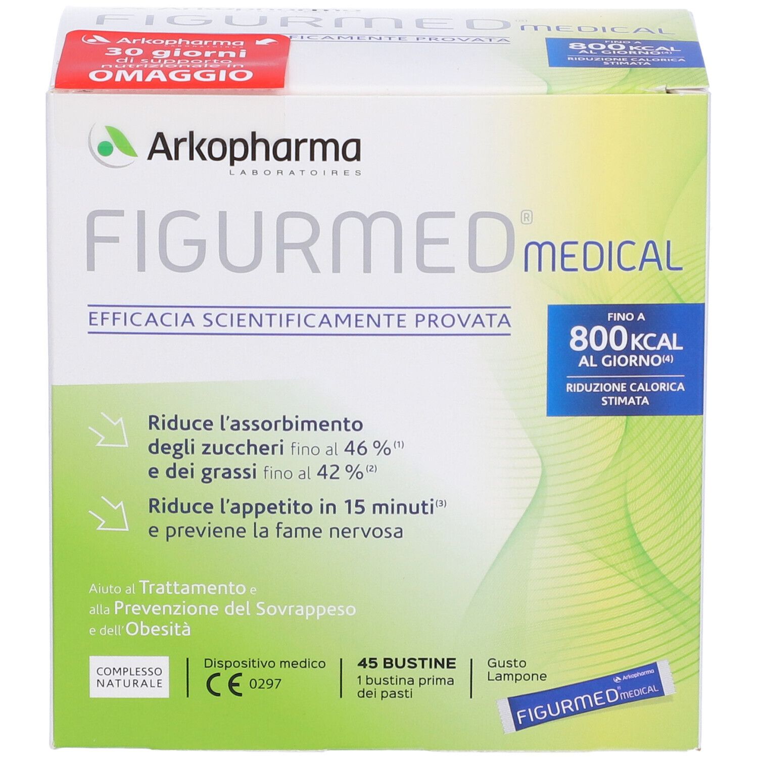 Confezione di FIGURMED® MEDICAL. Contiene 45 bustine. Con 30 giorni omaggio. Riduce l'assorbimento di zuccheri e grassi.