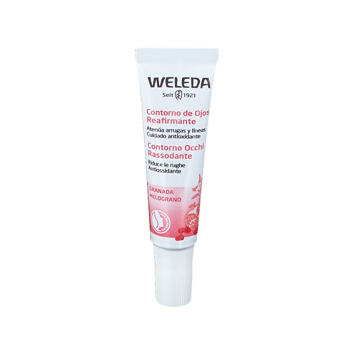 Tube Weleda pour les yeux. Texte: Contorno de Ojos Reafirmante, Contorno Occhi Rassodante. Motif grenade. Tête de tube blanche.